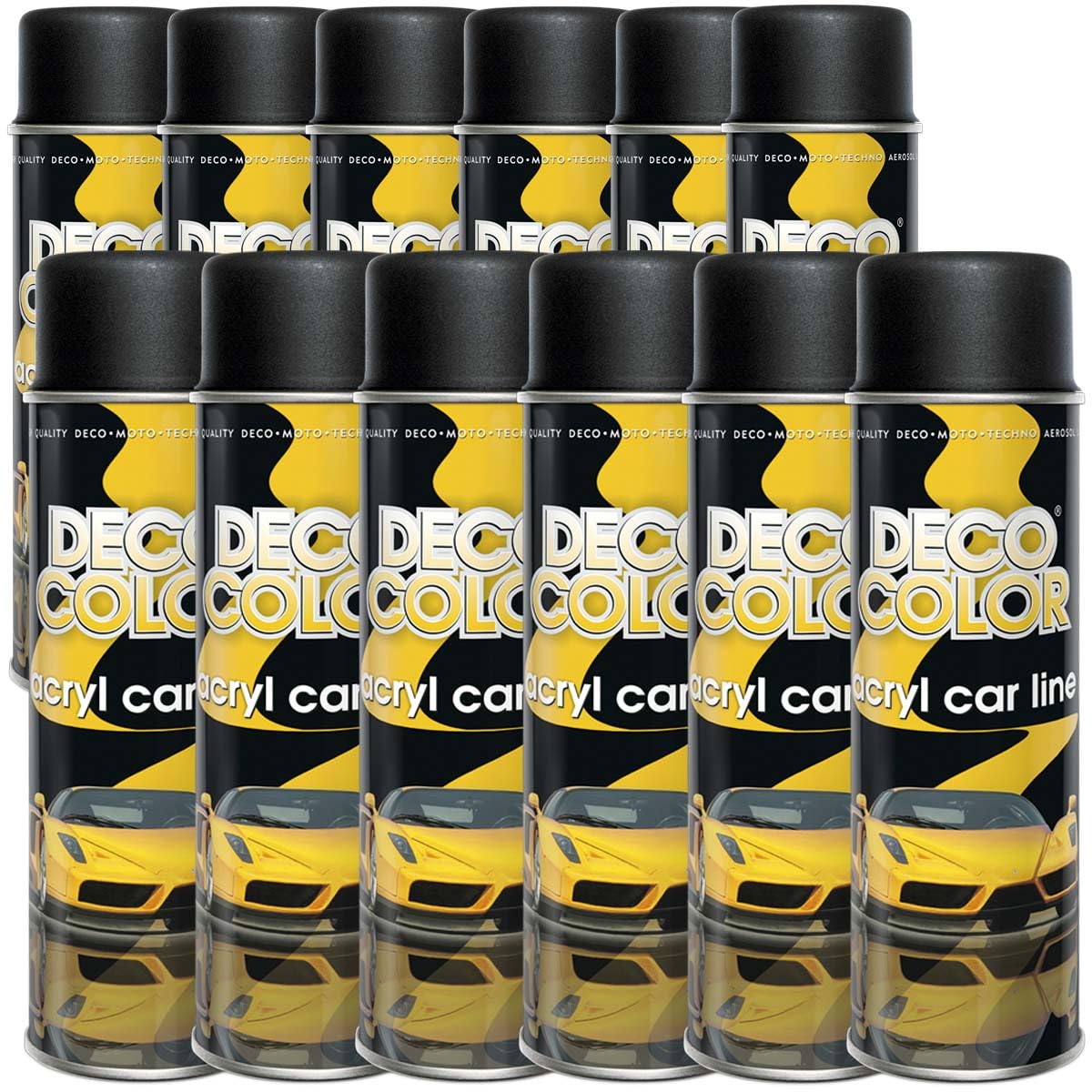 DECO COLOR 12er Sparpack ACRYL CAR LINE SCHWARZ MATT RAL 9005 in 500ml - Lackspray für z.B. KFZ, Auto, Motorrad, Alufelgen, Stahlfelgen (12 Dosen 500ml Schwarz MATT)