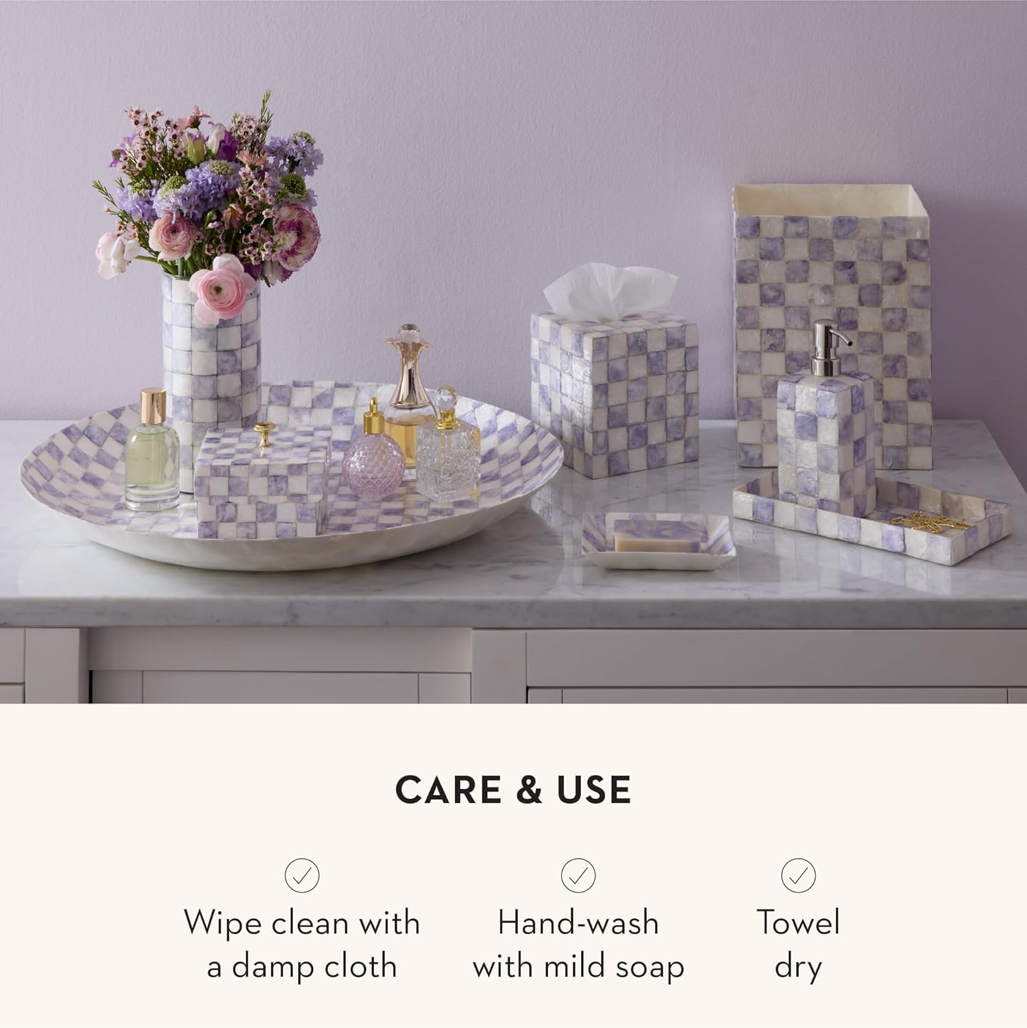 MACKENZIE-CHILDS Boutique Square Capiz Tissue-Box Cover, Decorative Tissue Holder, Purple-and-White Violet Check