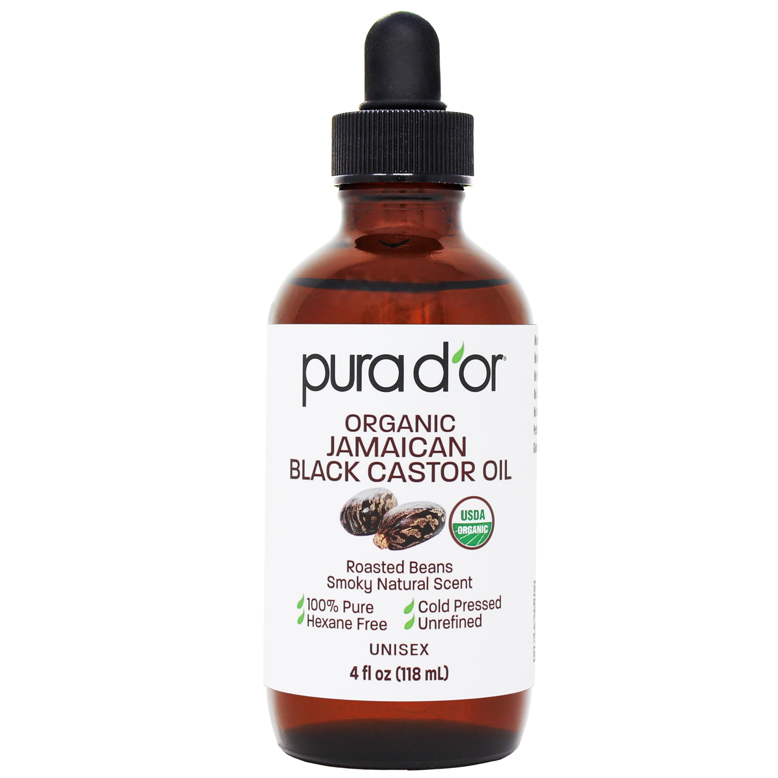 PURA D'OR 4 Oz ORGANIC Jamaican Black Castor Oil - Natural Smoky Scent - 100% Pure USDA Certified Cold Pressed, Hexane Free Eyelash & Eyebrow Serum -