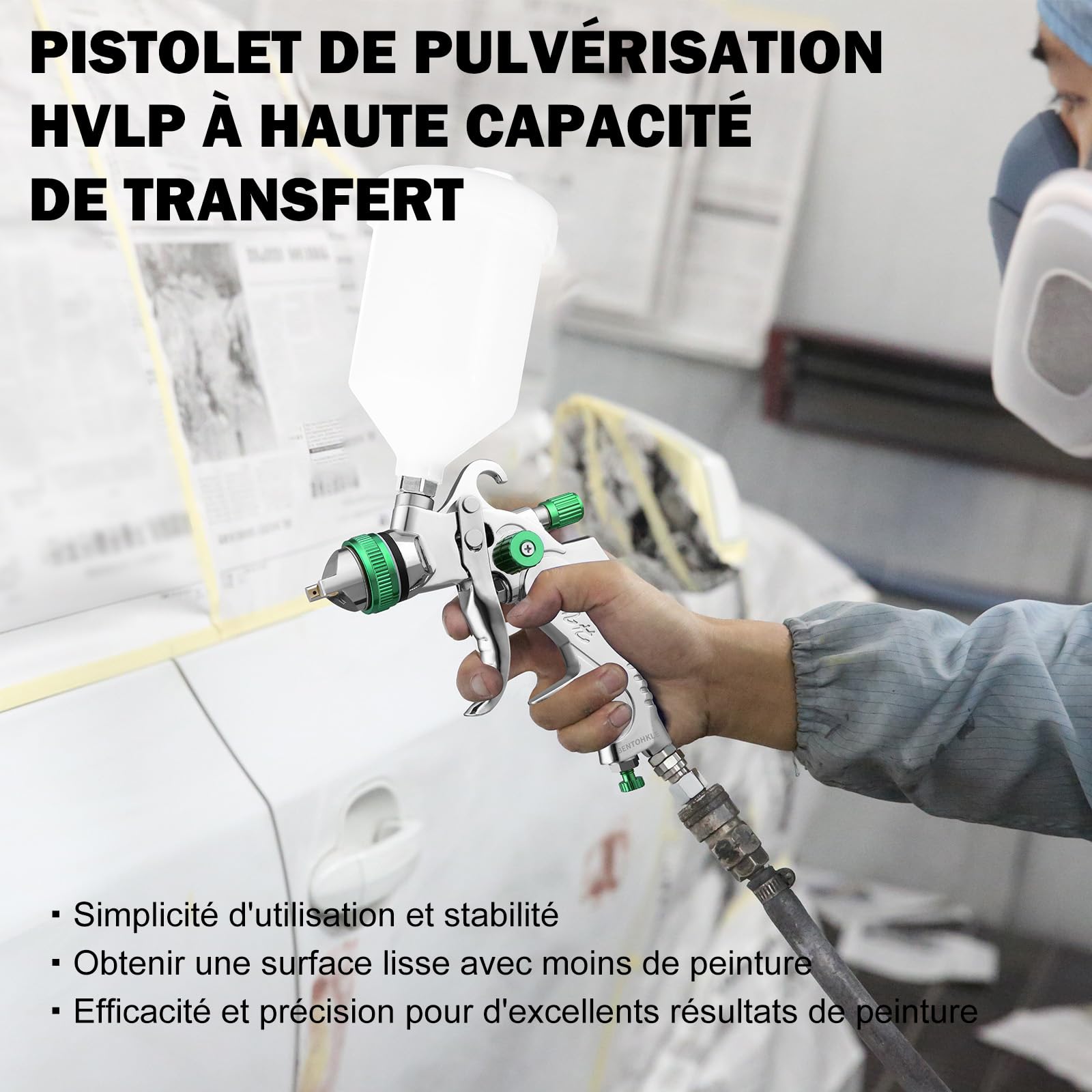HVLP Professionnel Pistolet à Peinture à Alimentation par Gravité avec 3 Buses 1.4/1.7/2.0mm Coupe 600cc Régulateur d'air Pistolet à Peinture Automatique pour la Réparation de Voitures (Vert)