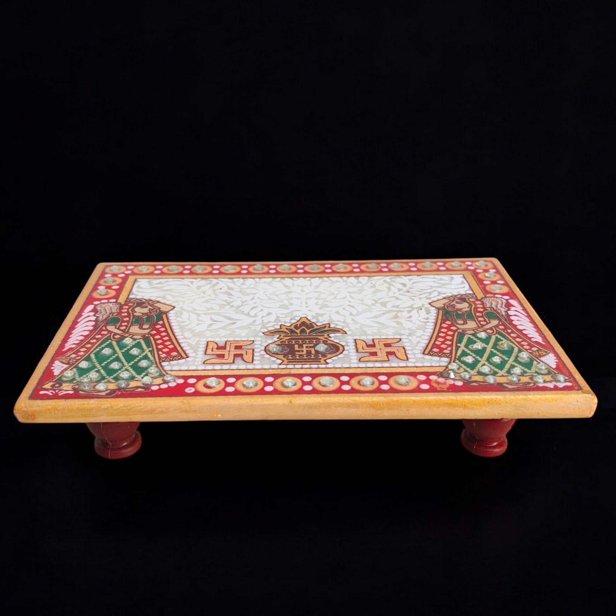 Chowki en marbre fait main avec fleurs peintes pour décoration rituelle