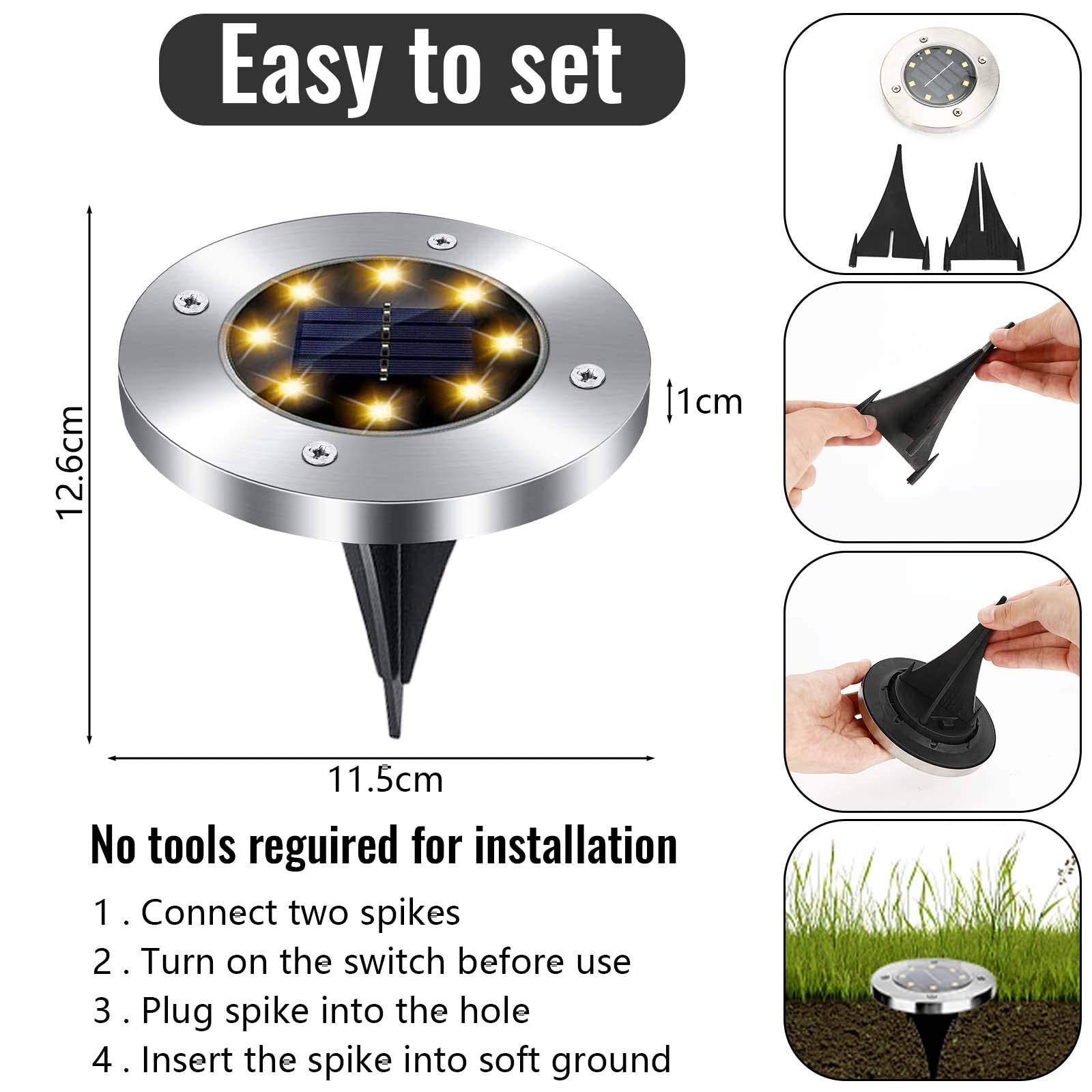Mkitnvy Solarne światła ogrodowe, 8 sztuk LED zakopane zewnętrzne reflektory wodoodporne 600 mah bateria IP65 lampa trawnikowa