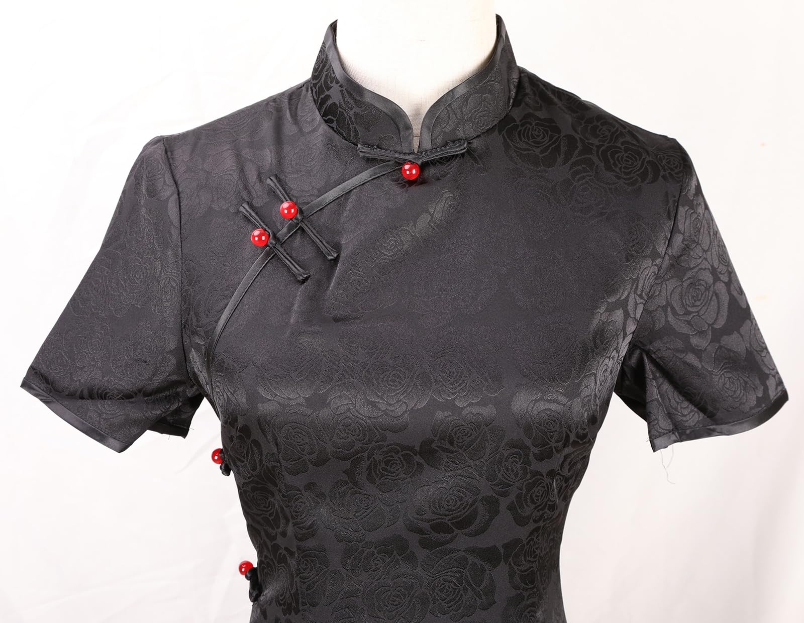 Robe chinoise longue Cheongsam à col mandarin coupe ajustée manches courtes moulante imprimé floral sexy fente latérale Qipao