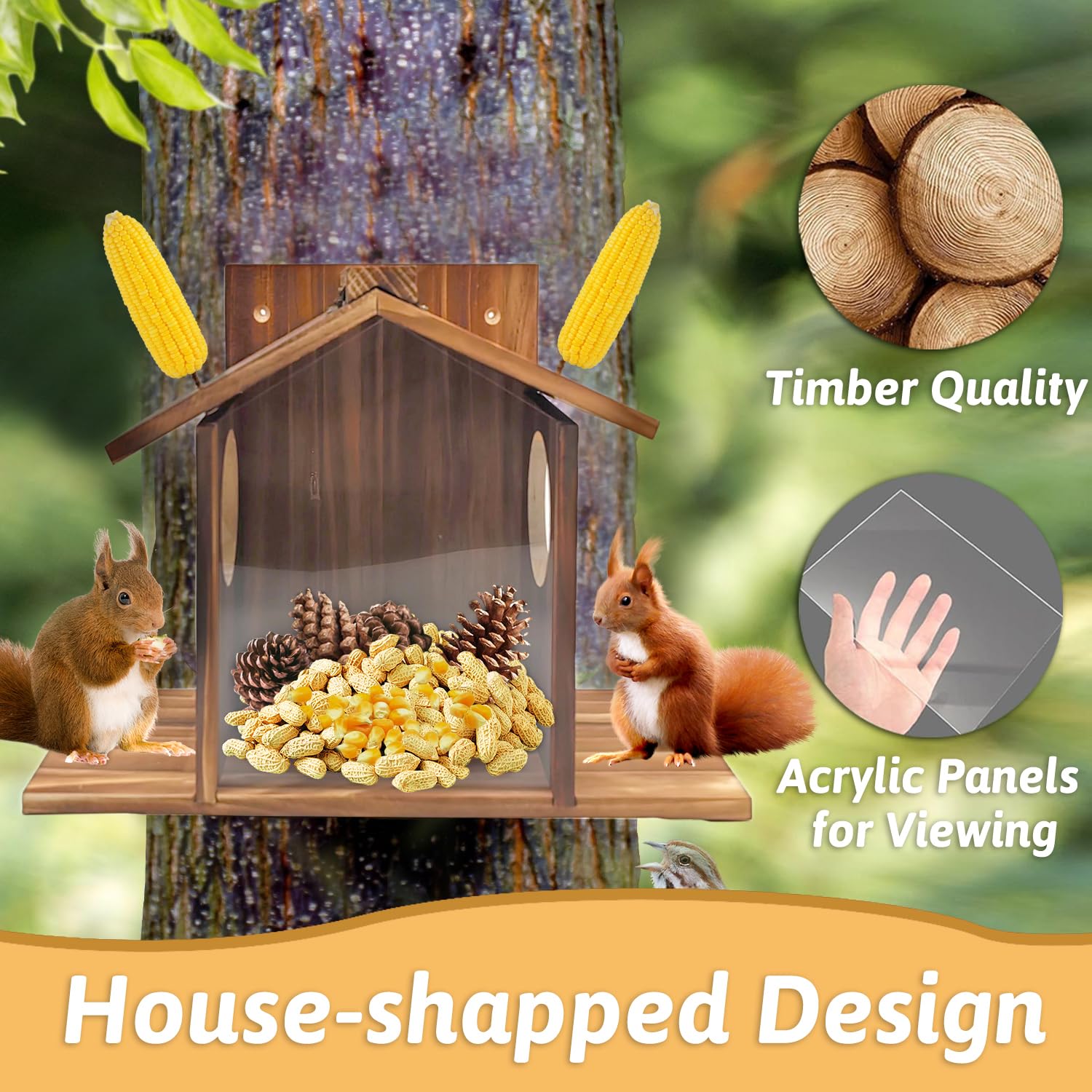Wooden Squirrel Feeder, Squirrel Feeder House with Flexible Roof, Large Capacity Squirrel Feeding Stations, Chipmunk Squirrel Feeding Platform for Backyard Garden - Image 4