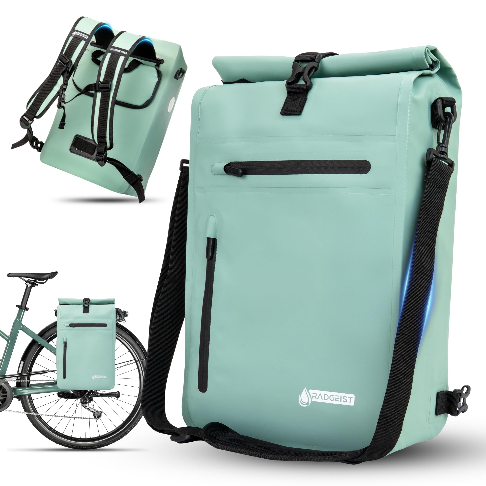 RADGEIST Alforja 3 en 1 para portaequipajes, impermeable, extra resistente, con enganche rápido, mochila (20 litros), color menta