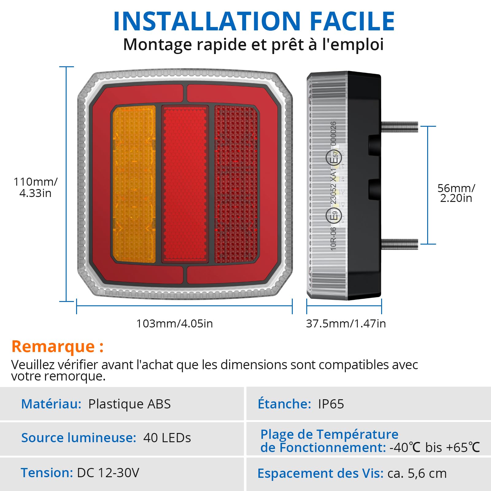 2PCS Feux arrière 40 LED pour Remorque 12-30V, avec Câble 9.75m