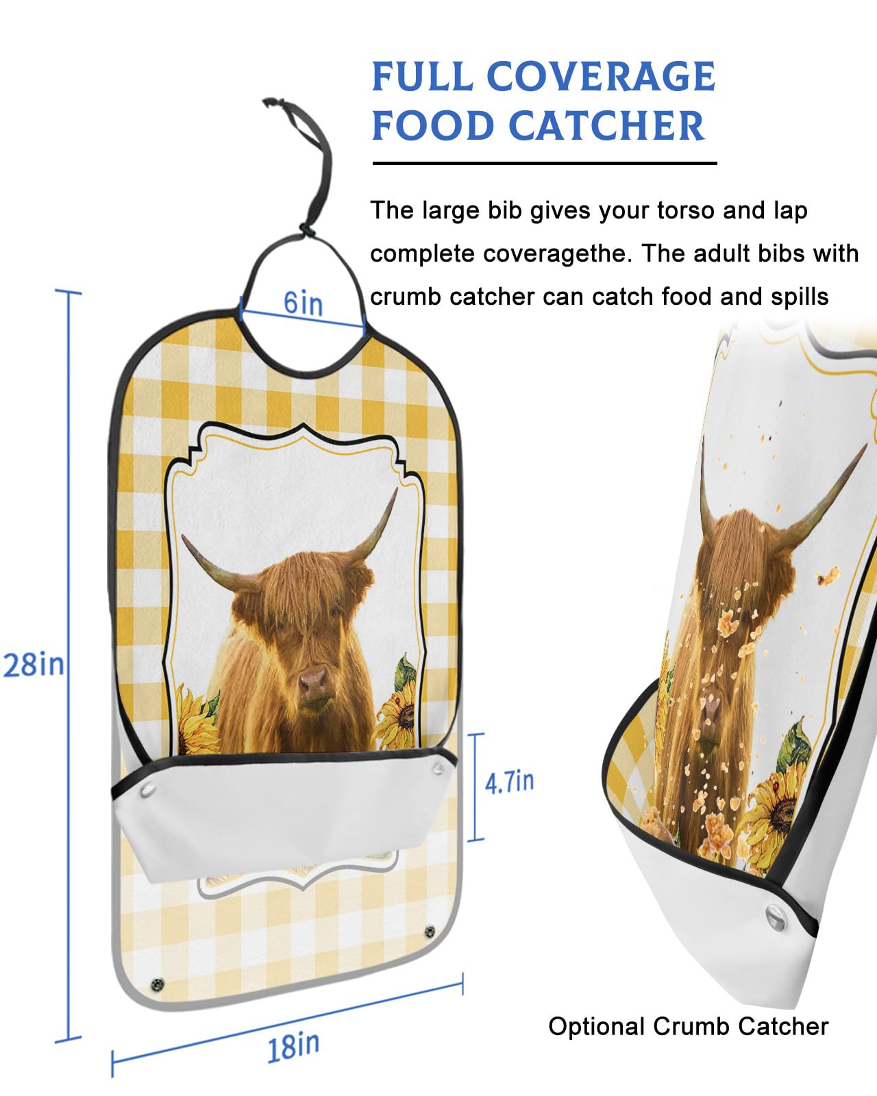 Farm Cow Adult Bibs for Eating, Waterproof Bibs with Food Catcher & Adjustable Snap Closure, Yellow Plaid Farmhouse Spring Floral Sunflower Clothing Protectors Adult Bibs for Elderly Women/Men