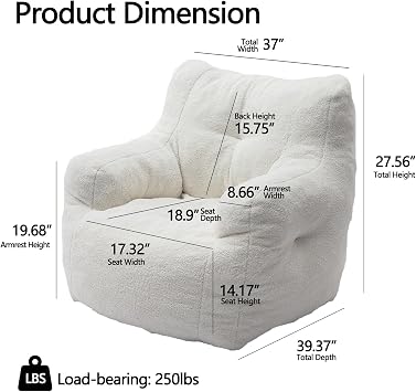 Bean Bag Chair with Armrests for Adults Teens Kids Lazy Bean Bag Couch with Filler Soft Tufted Foam Beanbag Chair Sofa with Teddy Fabric for Bedroom Living Room 39.37x39.37x27.56(Ivory White)
