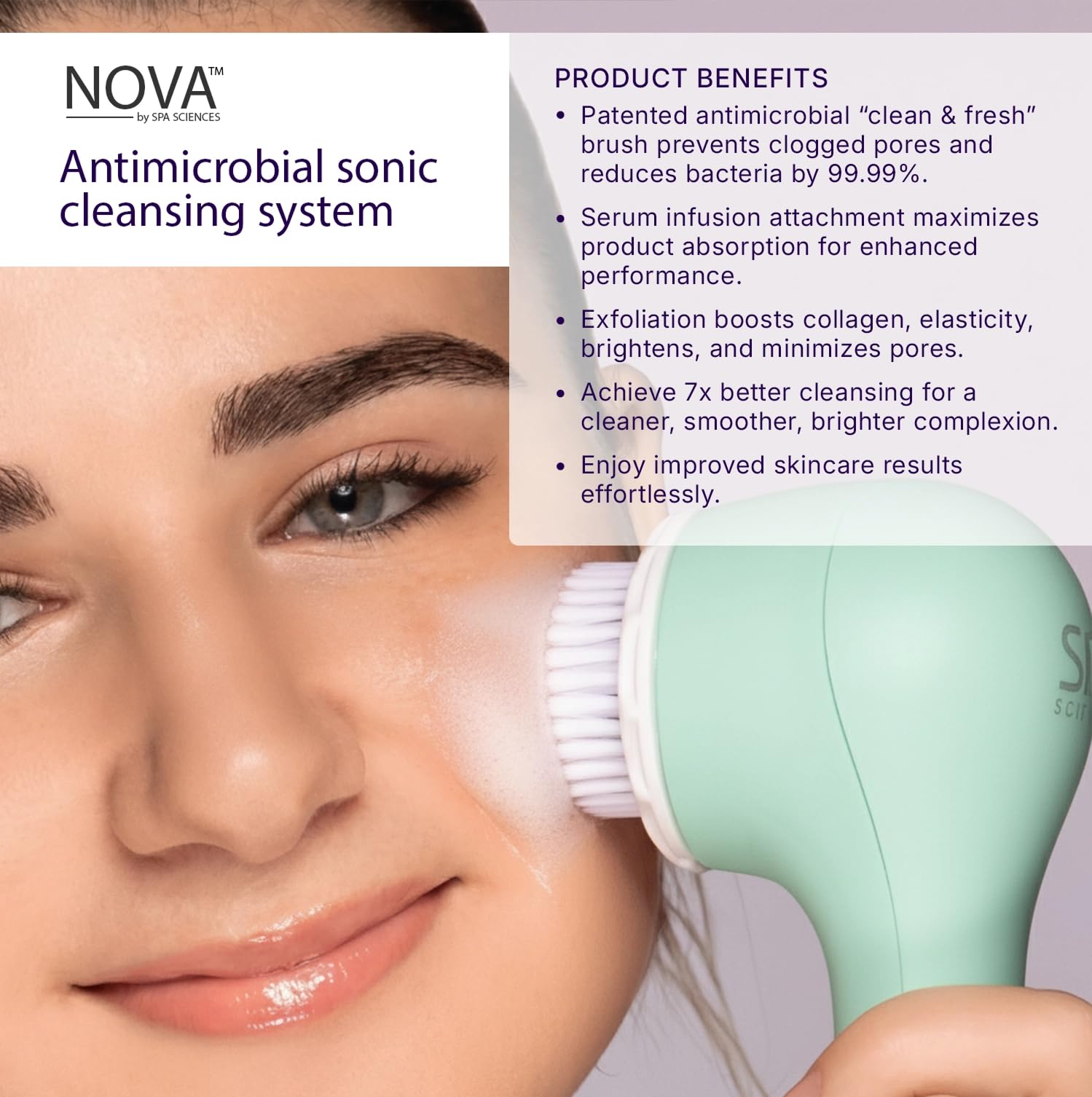 Spa Sciences - NOVA - Sonic Cleansing Brush with Bristles & Infusion System – Anti-Aging Facial Exfoliating, Waterproof, and USB Rechargeable