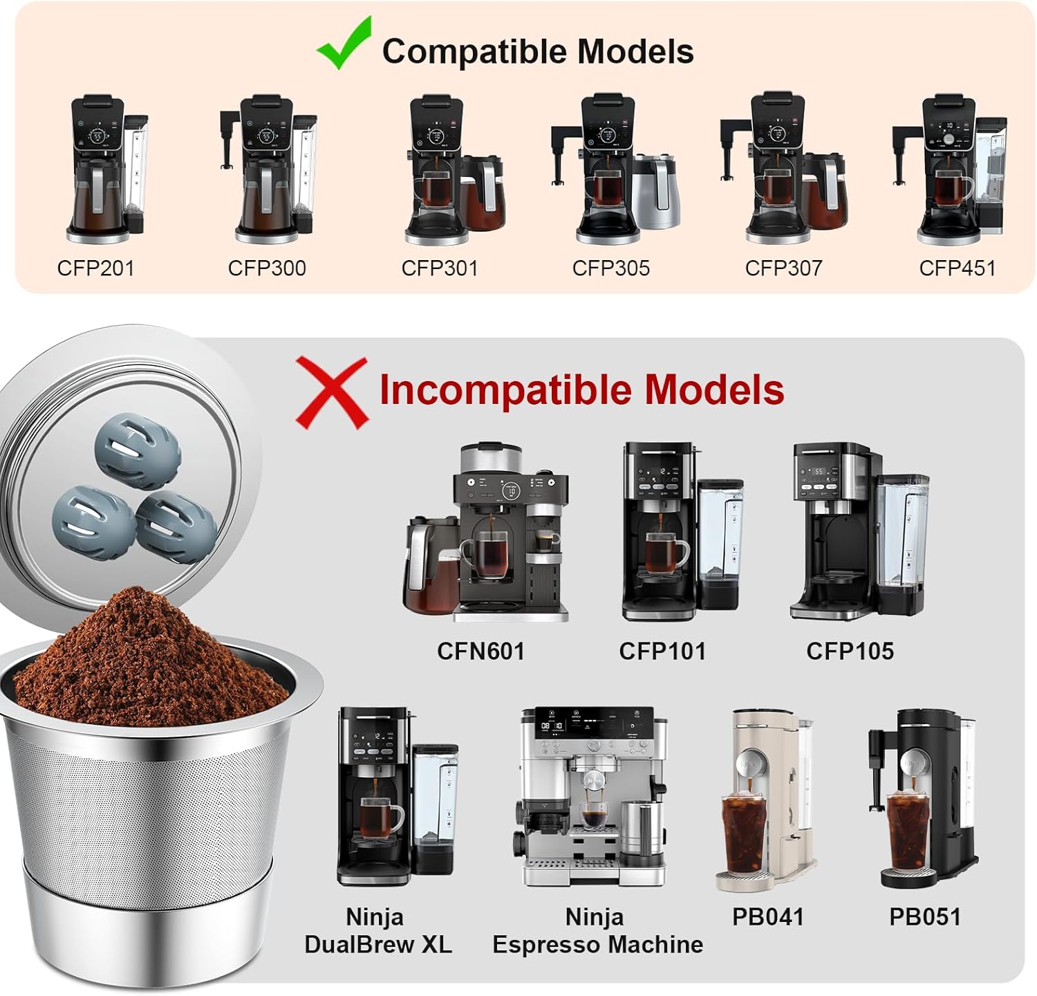 Stainless Steel Reusable K Cups Compatible for Ninja Coffee Maker,Upgrade 6 Pack K Cups Reusable Coffee Pods,Permanent Coffee Filters Fit for Ninja CFP201 CFP300 CFP400 (6 Pack)