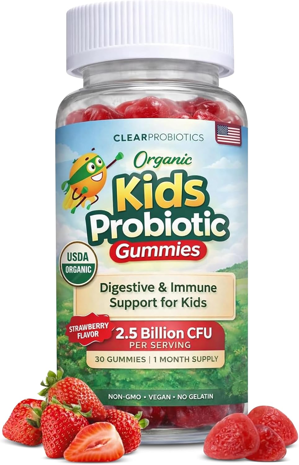 Clear Buddy Probiotics for Kids Ages 2-6 | Daycare Clinically Proven | USDA Organic Gummies 2.5B CFU | Immune Support & Digestive Health | DE111 Vegan Probiotic | Strawberry | 30 Day Supply