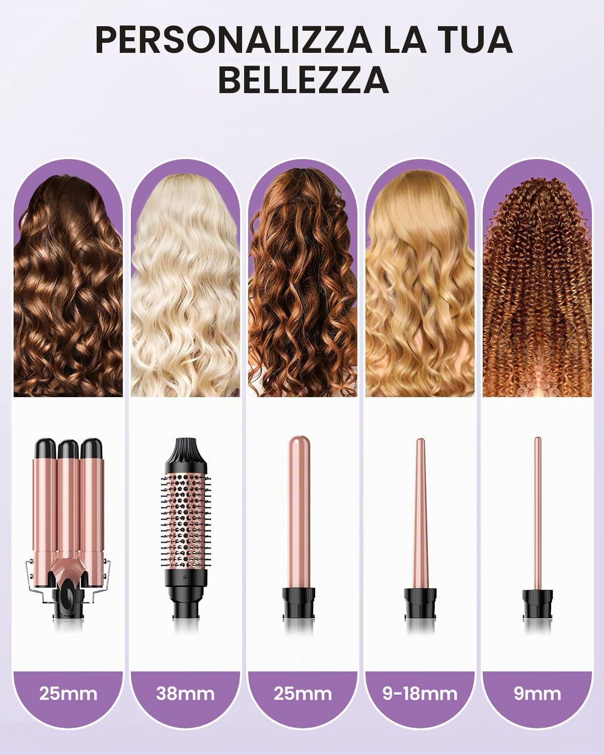 Ferro Arricciacapelli 5 in 1- Set 3 Tubi Piastra Capelli Onde Ceramica, Piastra Onde per Capelli 2 Température, Piastra per Onde con Ferri di Diverso Diametro,Spazzola per styling