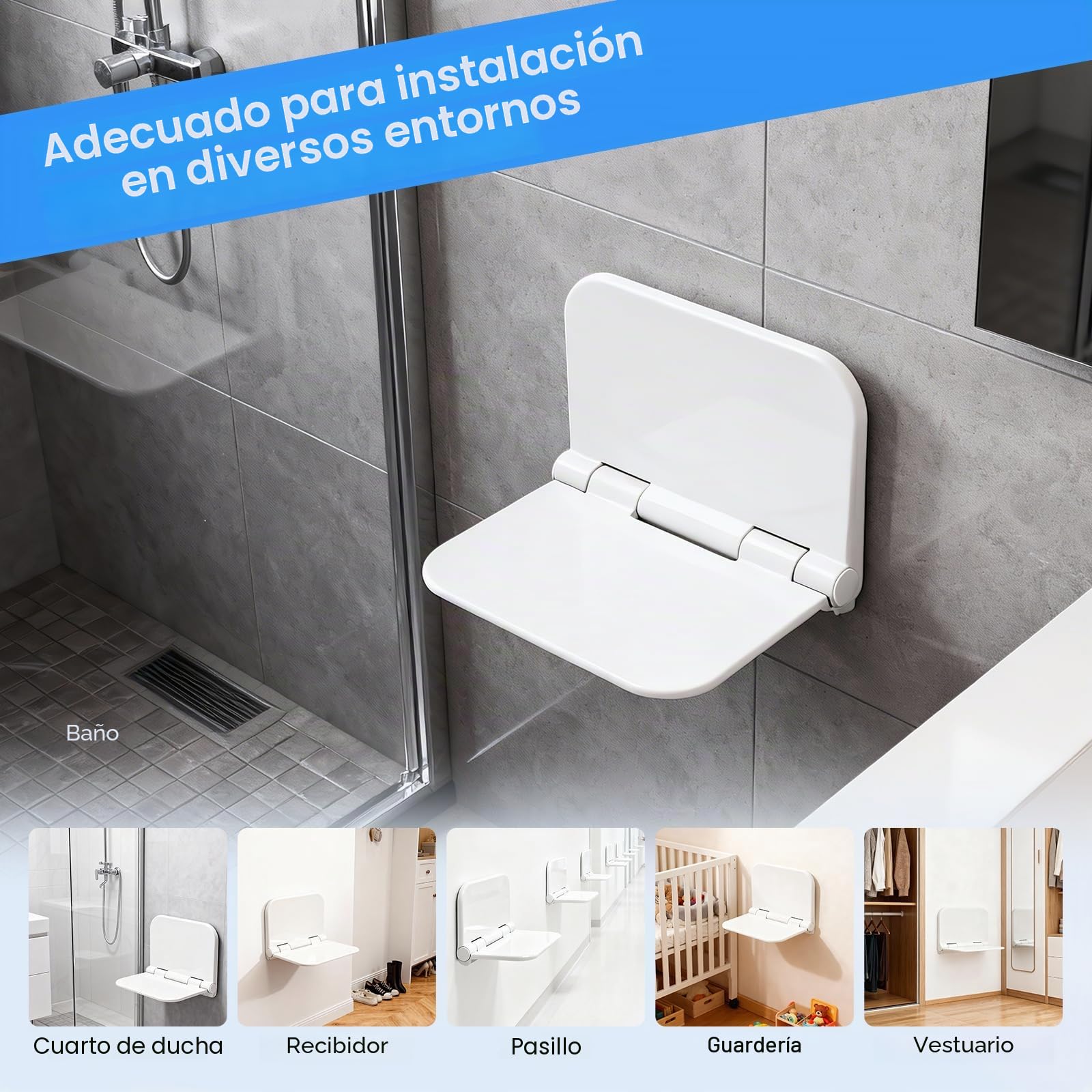 Asiento de ducha plegable de pared, Capacidad de carga 150 kg, asiento de ducha alargado y engrosado para personas mayores y discapacitadas, taburete de ducha antideslizante para baños,38 x 29,5 cm