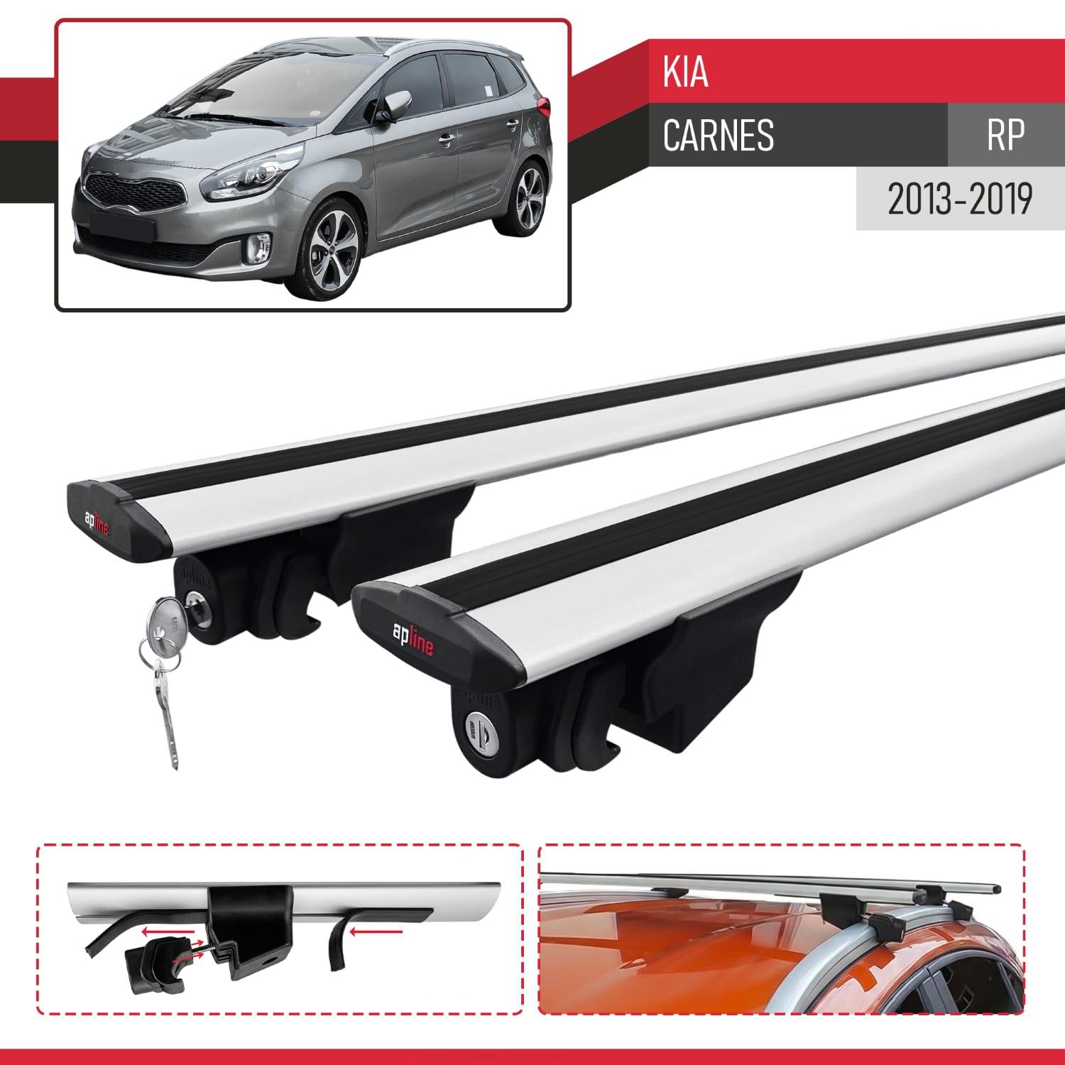Compatible con Kia Carens (RP) 2013-2019 Modelo Hook Barra de Techo Auto Portaequipajes Barras Transversales Gris Aluminio 2 Barras