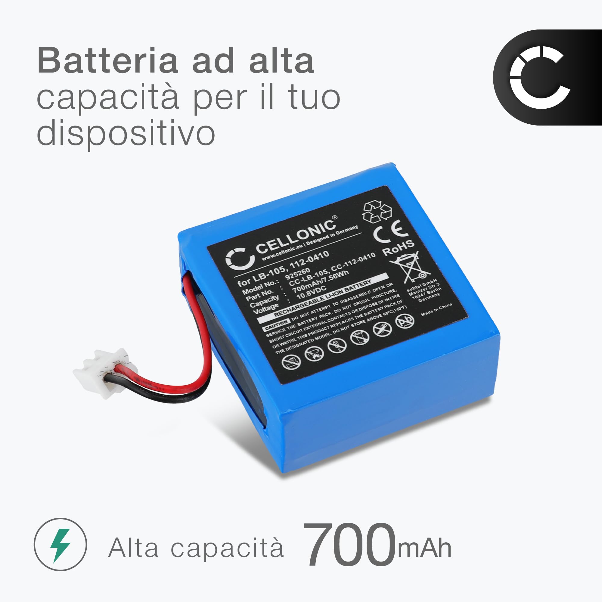 subtel 2x Batteria compatibile con Safescan 135i, 155-S, LB-105 | 2x, (700mAh-10.8V-Ioni di Litio), Terminale di pagamento / POS Batteria per Safescan 135i, 155-S, 155i, 165i, LB-105, 185-S