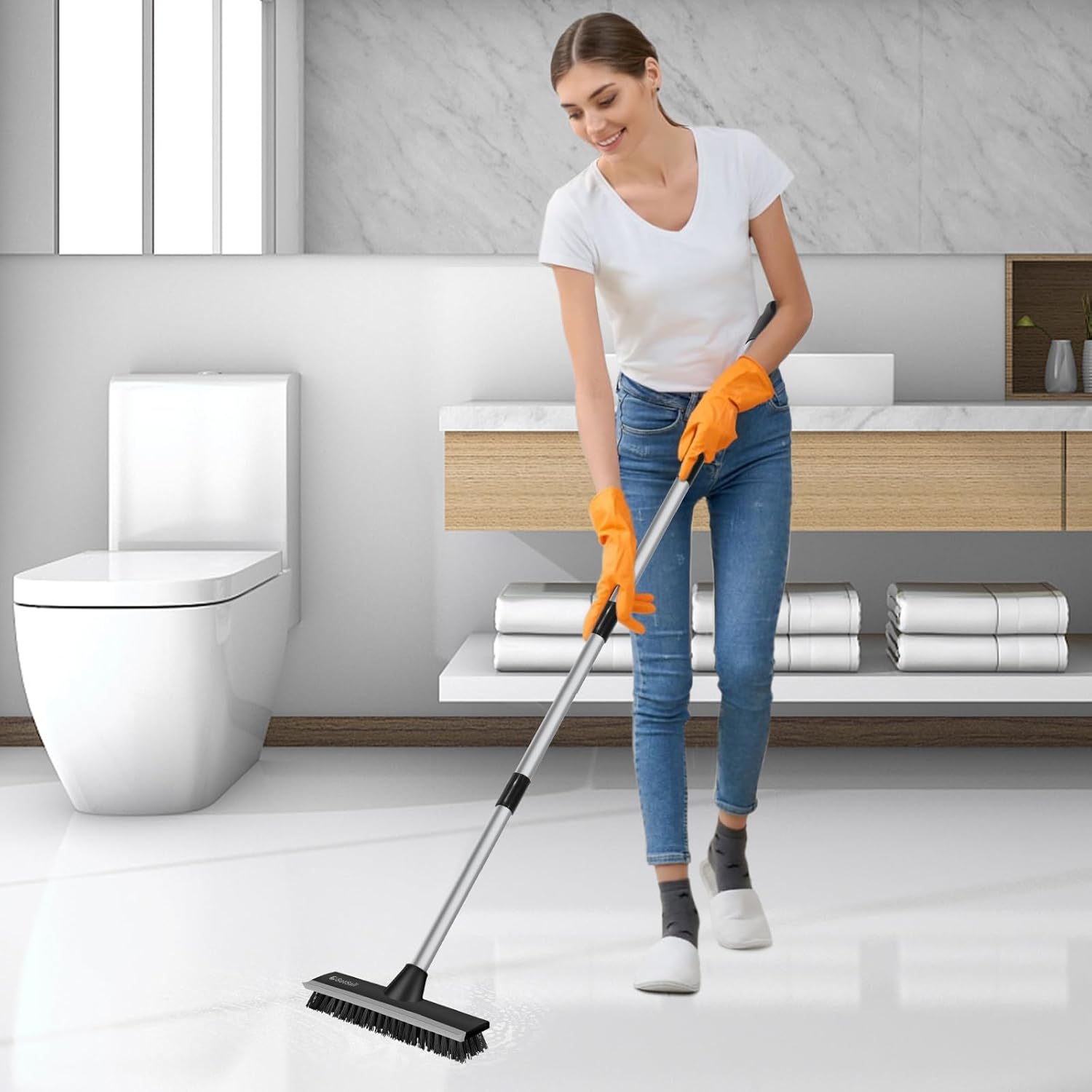 SetSail Floor Scrub Brush with 51-Inch Long Adjustable Handle 2 in 1 Scrape Brush Stiff Bristle Floor Scrubber for Cleaning Shower Bathroom Garage Kitchen Wall Deck Tub Tile, Black