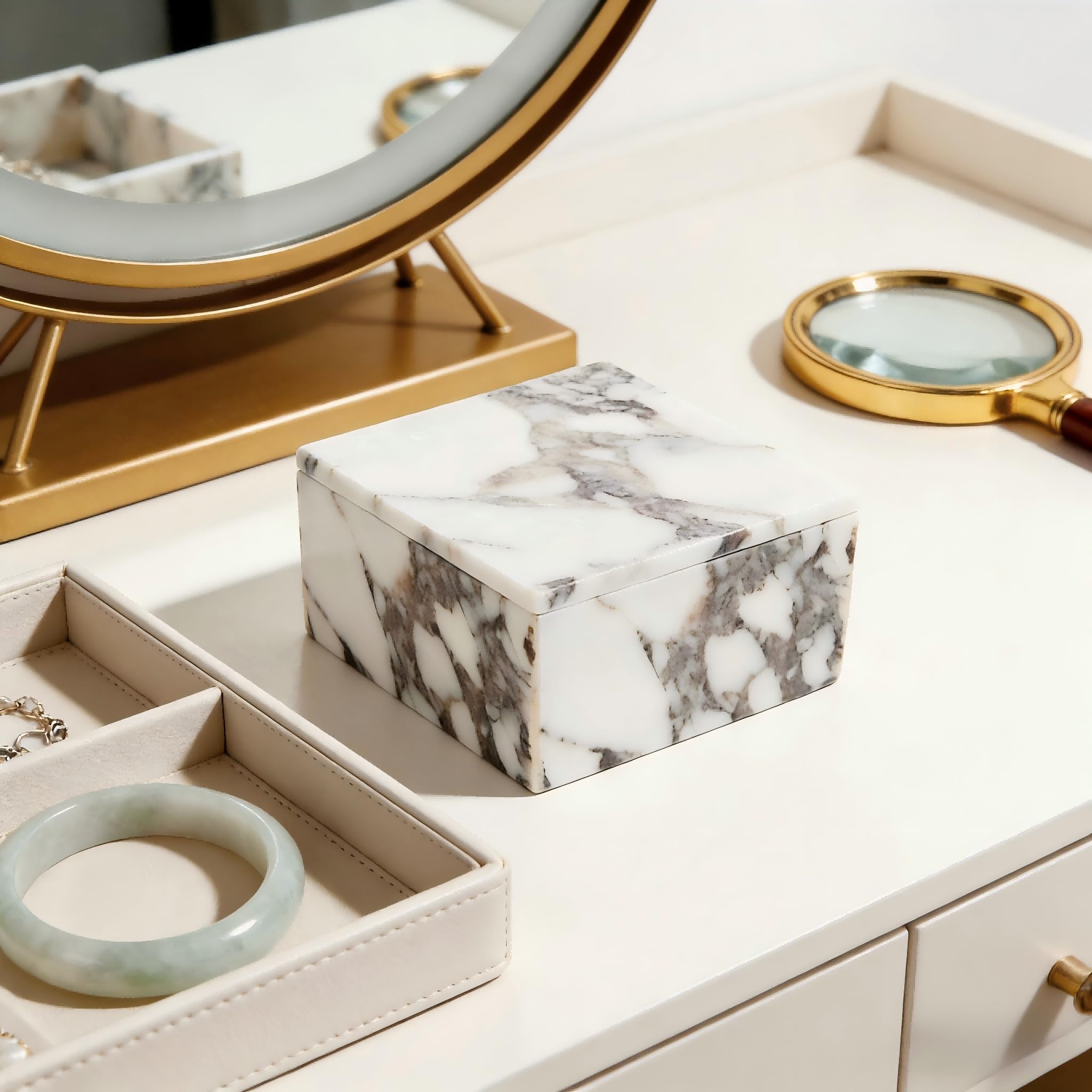 Marmor Aufbewahrungsbox, Naturstein Organizer für Kosmetik und Kleinteile, Weiß mit Schwarzer Maserung, Rechteckig, Multifunktional für Badezimmer, Schlafzimmer, Küche (Quadrat.)