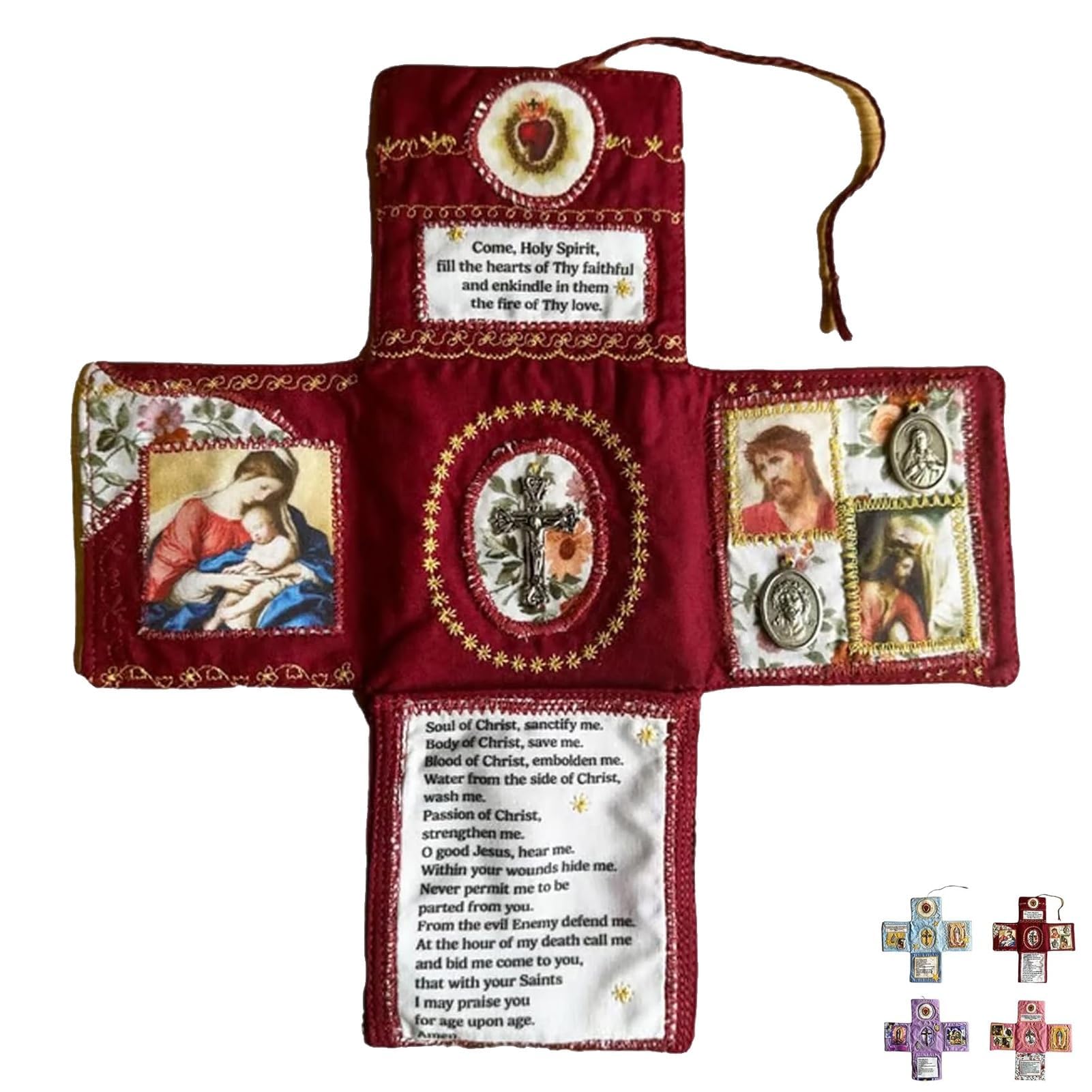 Mhahupdv Red Handcrafted Pocket Altar Scripture Devotional Guide For Travel Home Church Prayer Shrine With Embroide Prayer Quilt Daily Devotional Books Catholic Travel Kit With Cross And Saint Images (Red)
