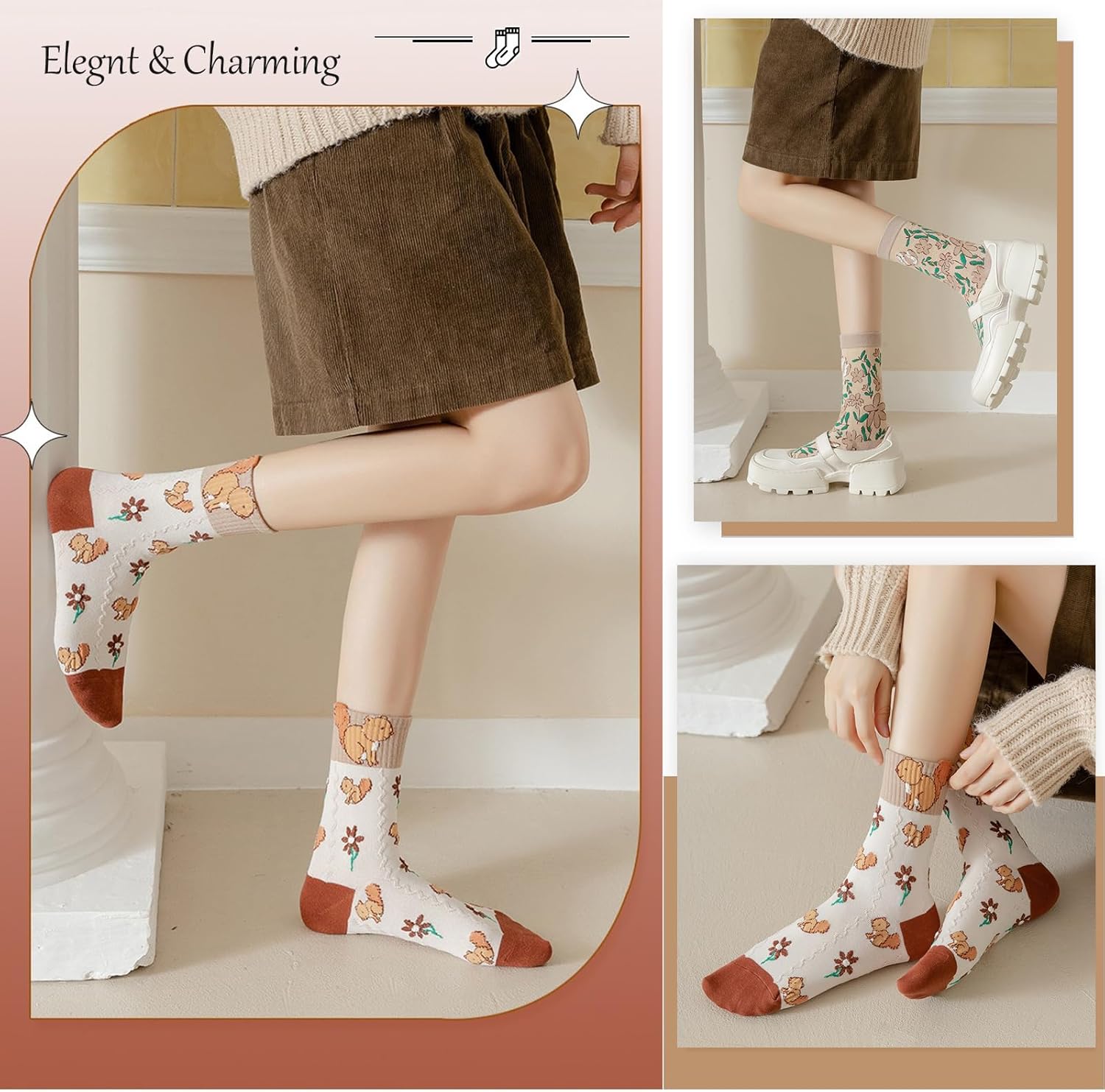 DXYAKY 5 Pairs Vintage Floral Crew Socks for Women, Soft Cotton Embroidered, Cottagecore Ruffle Socks for Casual & Dress Wear - Image 2