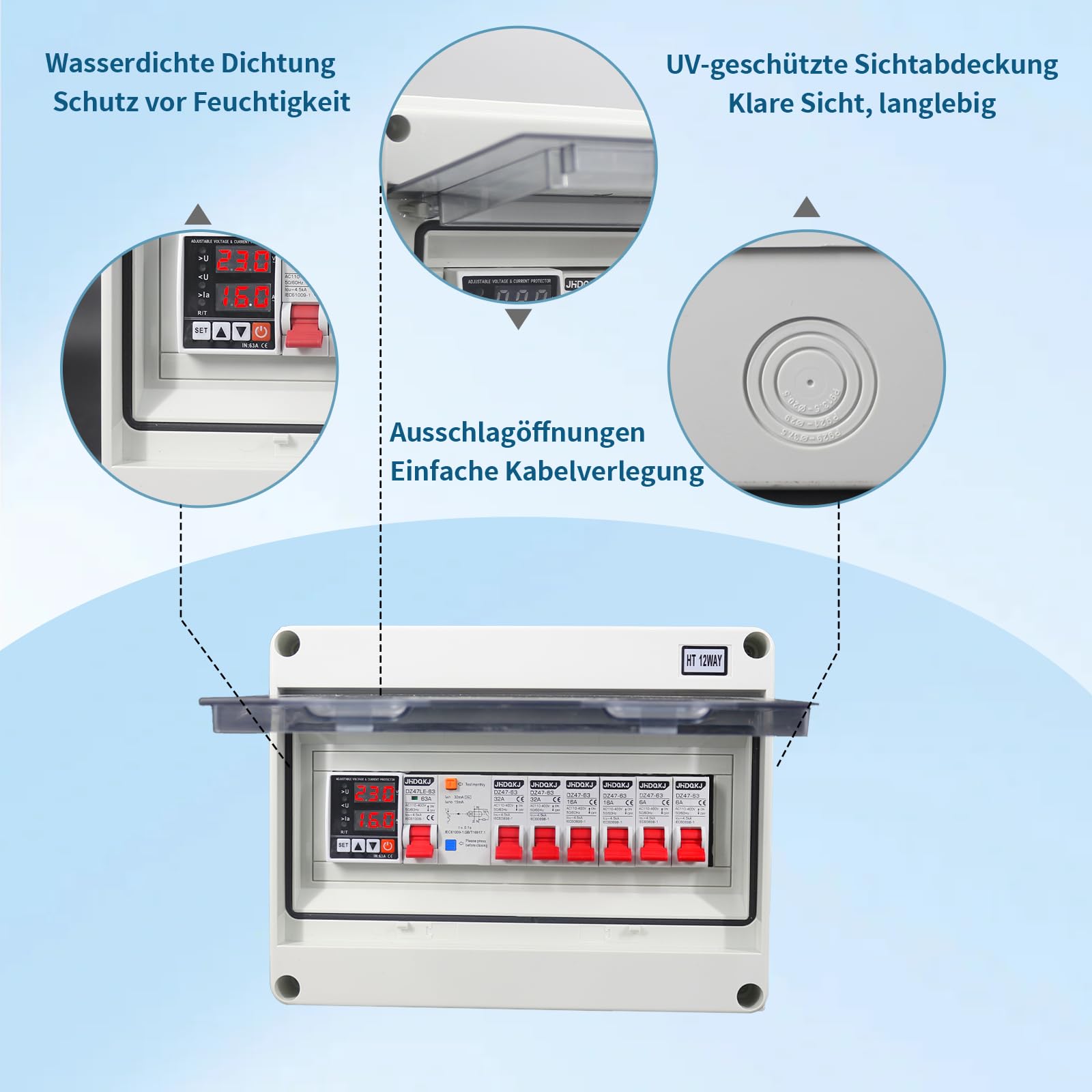 Sicherungskasten Aufputz, Verteilerkasten mit FI-Schutzschalter überspannungsschutz, 2 * 32A, 2 * 16A, 2 * 6A AC Trennschalter, IP65 Stromverteilerkasten für Werkstatt, Garage, Wohnmobile