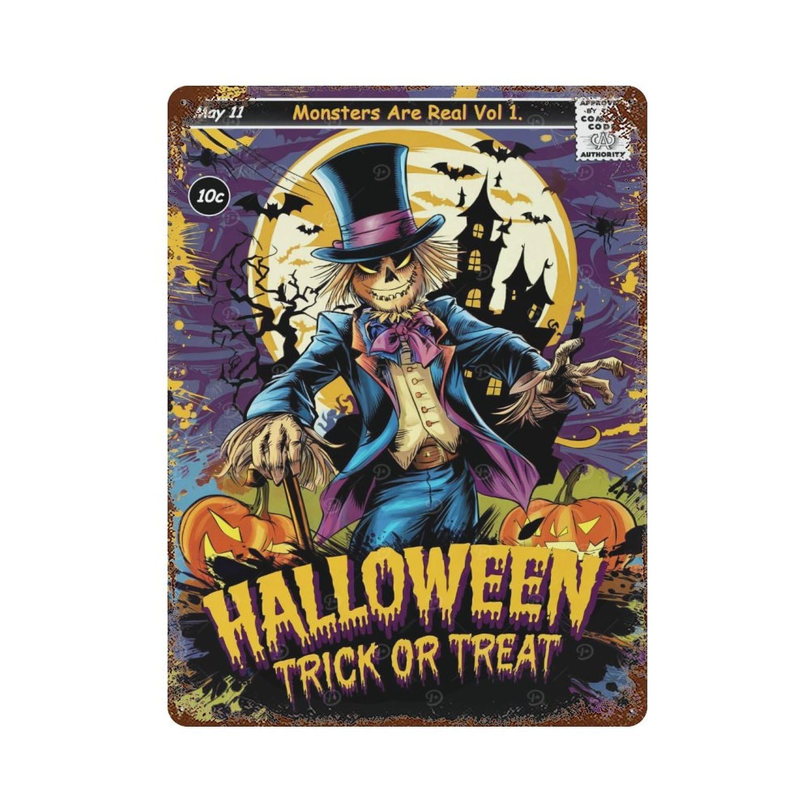 Garage Style Halloween Scarecrow Comic Cover Vintage Rust Metal Sign 15.7"x11.8", Rustic Home Decor for Bar And Workshop