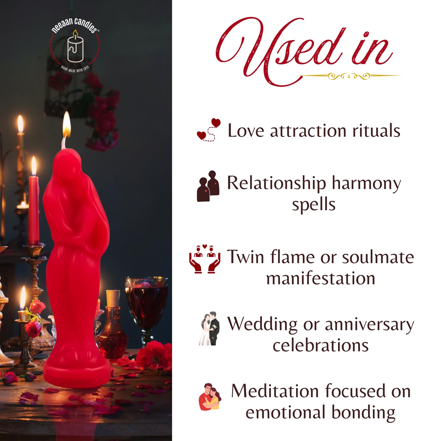 NeeaaN Romantic Couple Candles – Soy Wax for Meditation, Healing & Stress Relief | Enhance Romance & Serenity | Long-Lasting Burn | Calming Ambiance for Love, Self-Care (Red, Pack of 6) 2