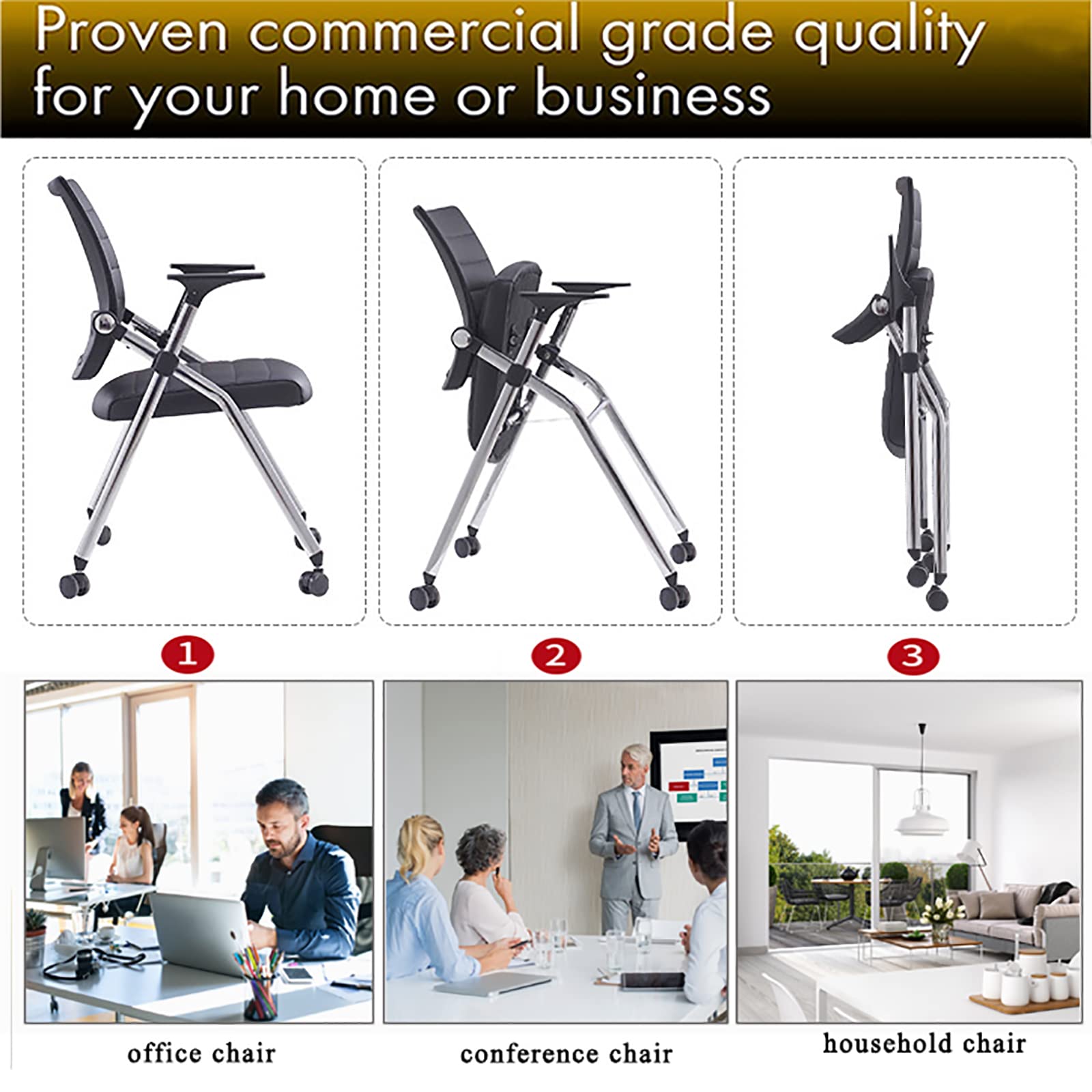 Ergonomiczne czarne składane krzesło biurowe z kółkami – wygodne krzesło biurowe, skórzane siedzisko i podłokietniki, składane do domu