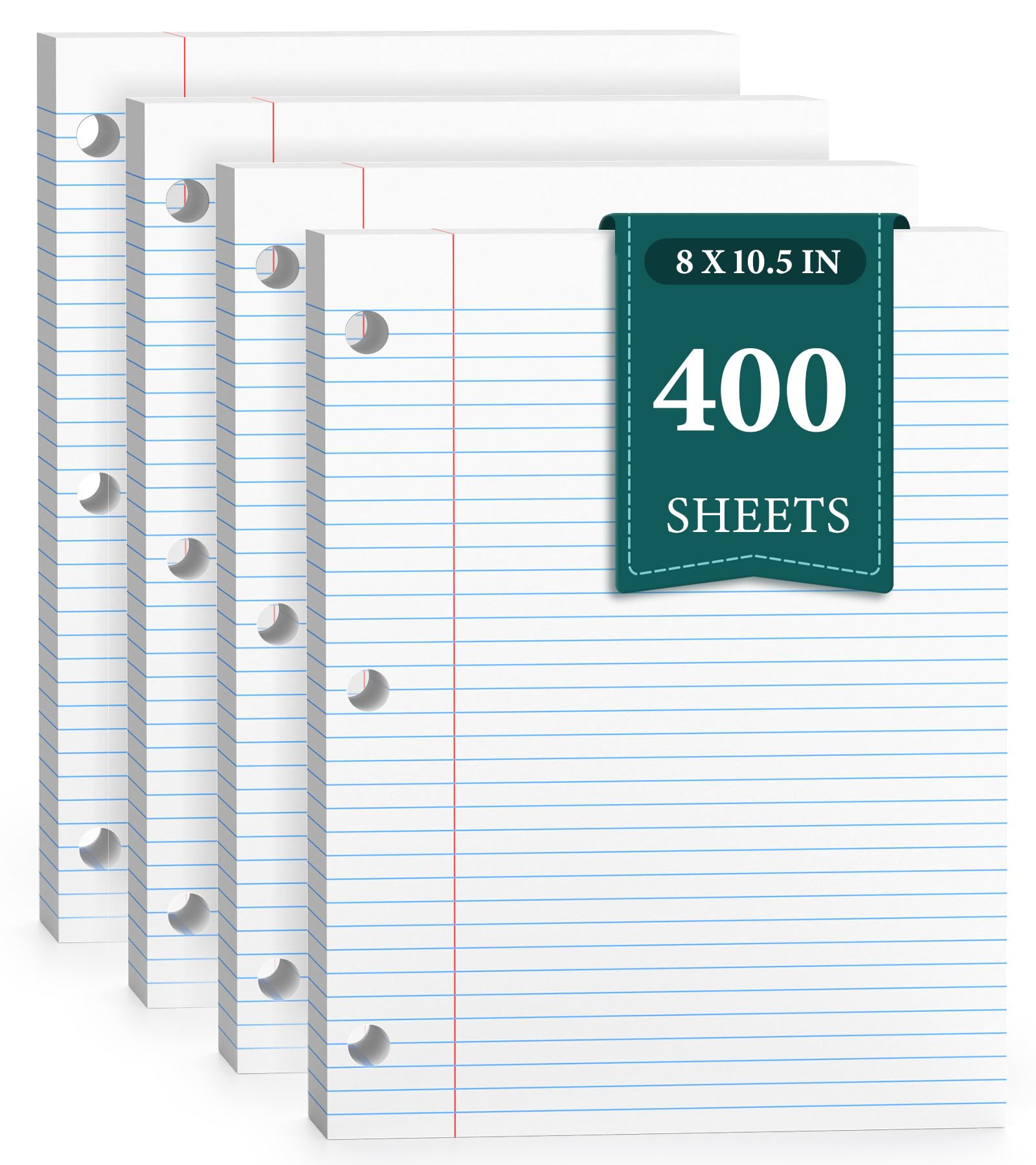 Papel de hojas sueltas con rayas universitarias, papel de perforación de 3 agujeros de 8 x 10.5 pulgadas, papel de cuaderno reforzado para carpetas de 3 anillos, papel rayado universitario, 100