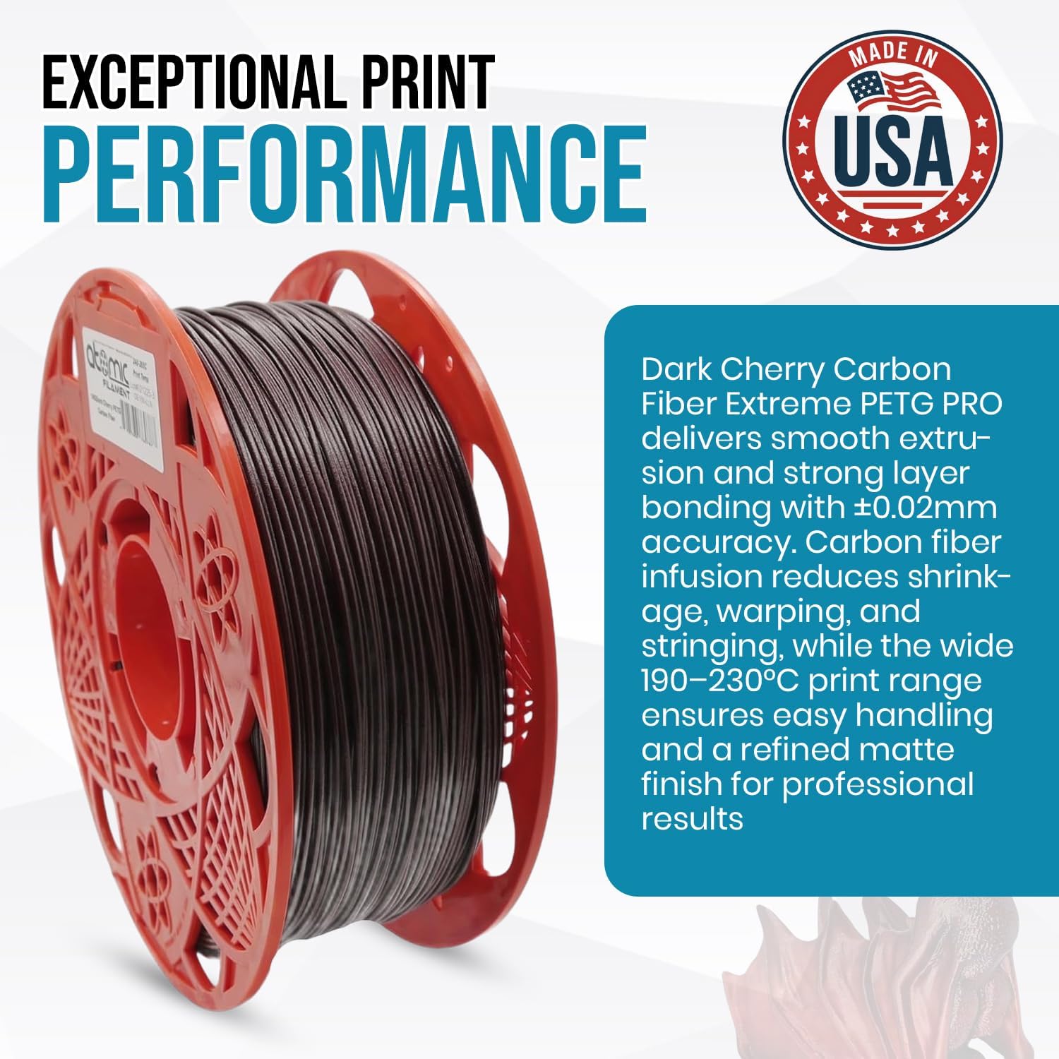 Atomic Filament Dark Cherry Carbon Fiber Extreme PETG PRO AMS Compatible, 1.75mm, 1KG Spool, ±0.02mm Diameter Variation – Fits Most FDM 3D Printers