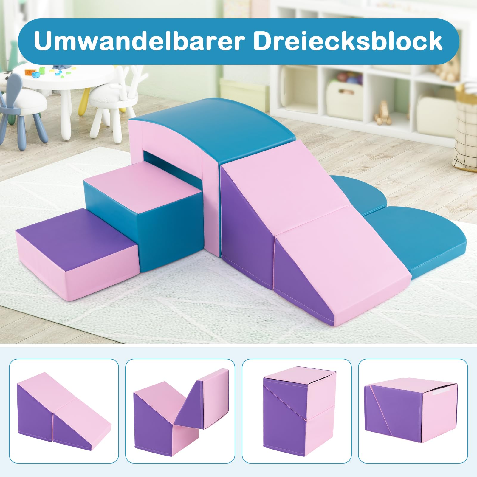 DREAMADE 7 TLG. Softbausteine, Riesenbausteine Schaumstoffbausteine Großbausteine aus EPE, Bausteinset Schaumstoff, Kletterblöcke zum Toben & Klettern für Kleinkinder (Blau+Rosa)