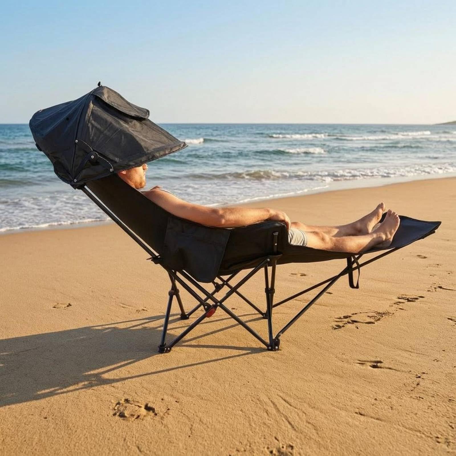 Silla de Pesca con Toldo 2 en 1 Sillón Reclinable Portátil Ergonómica para Siesta, Aire Libre, Caqui
