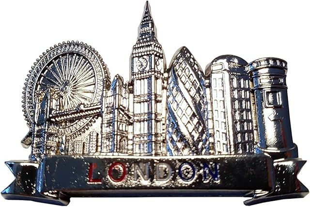 London Metal Silver Coloured Fridge Magnet - Word in Red White Blue/Icons/Eye/Tower Bridge/Big Ben/Gherkin/Telephone Booth/Post Box/British UK Souvenir