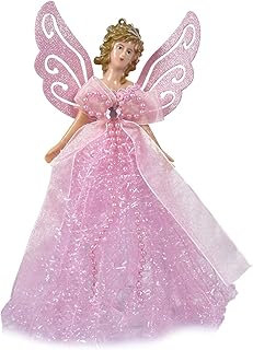 Minan Fairy Ornaments Christmas Tree Topper 22CM, Fabric Angel Pendant Doll Christmas Tree Decoration with Feather Wings, Handmade Fairy Doll - Enjoy Youselves Tree Top Angel, Pink