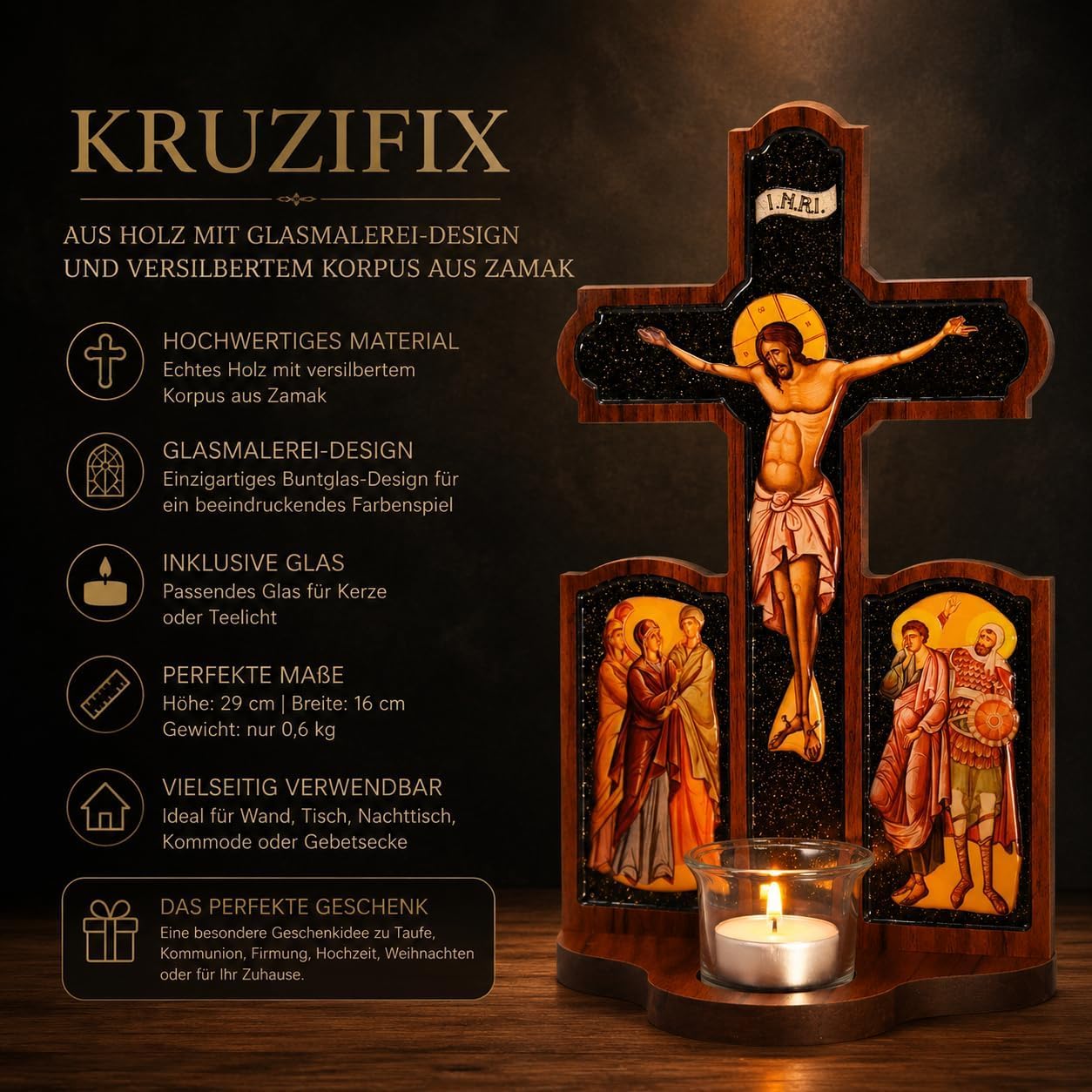 misticSparks Kruzifix aus Holz mit Ikonen und Kerzenglas, christliches Kreuz in Buntglas-Optik für Hausaltar und Gebetsecke, Geschenk zu Taufe, Kommunion und Hochzeit
