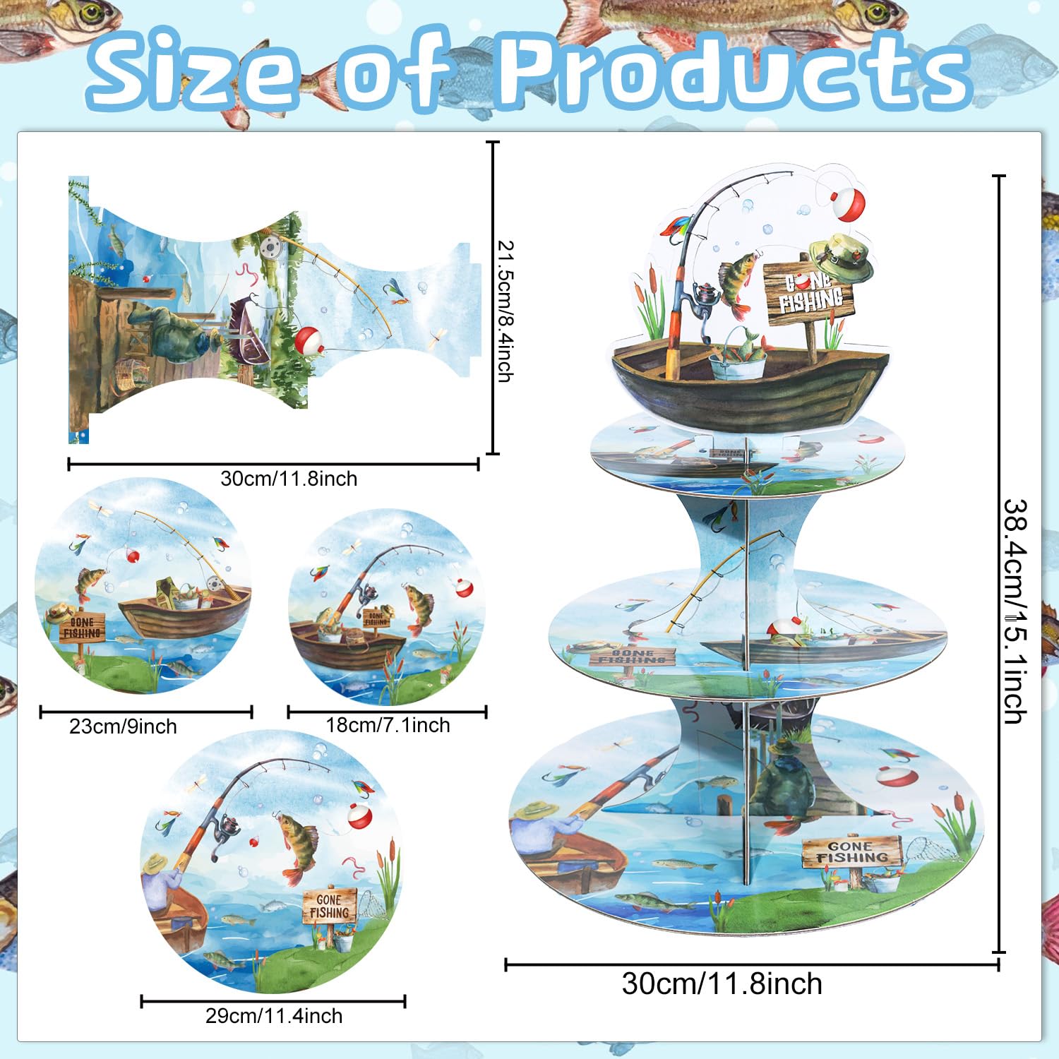 Keluna Ofishally One Birthday Decorations - Reusable Fishing Party Supplies Gone Fishing 3 Tier Cupcake Stand Dessert Tower Holder for Birthday Decoration Baby Shower Party Decor Supplies