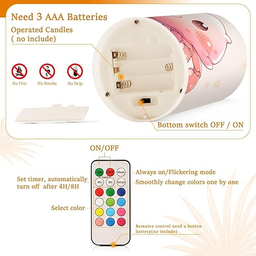 Miniatura 3 de ZENWAWA Flameless Candles with Remote Control  Cute Pink Crab Print, 2 Pcs WarmWhiteColor LED Changing Battery Operated Fake Candle for Indoor