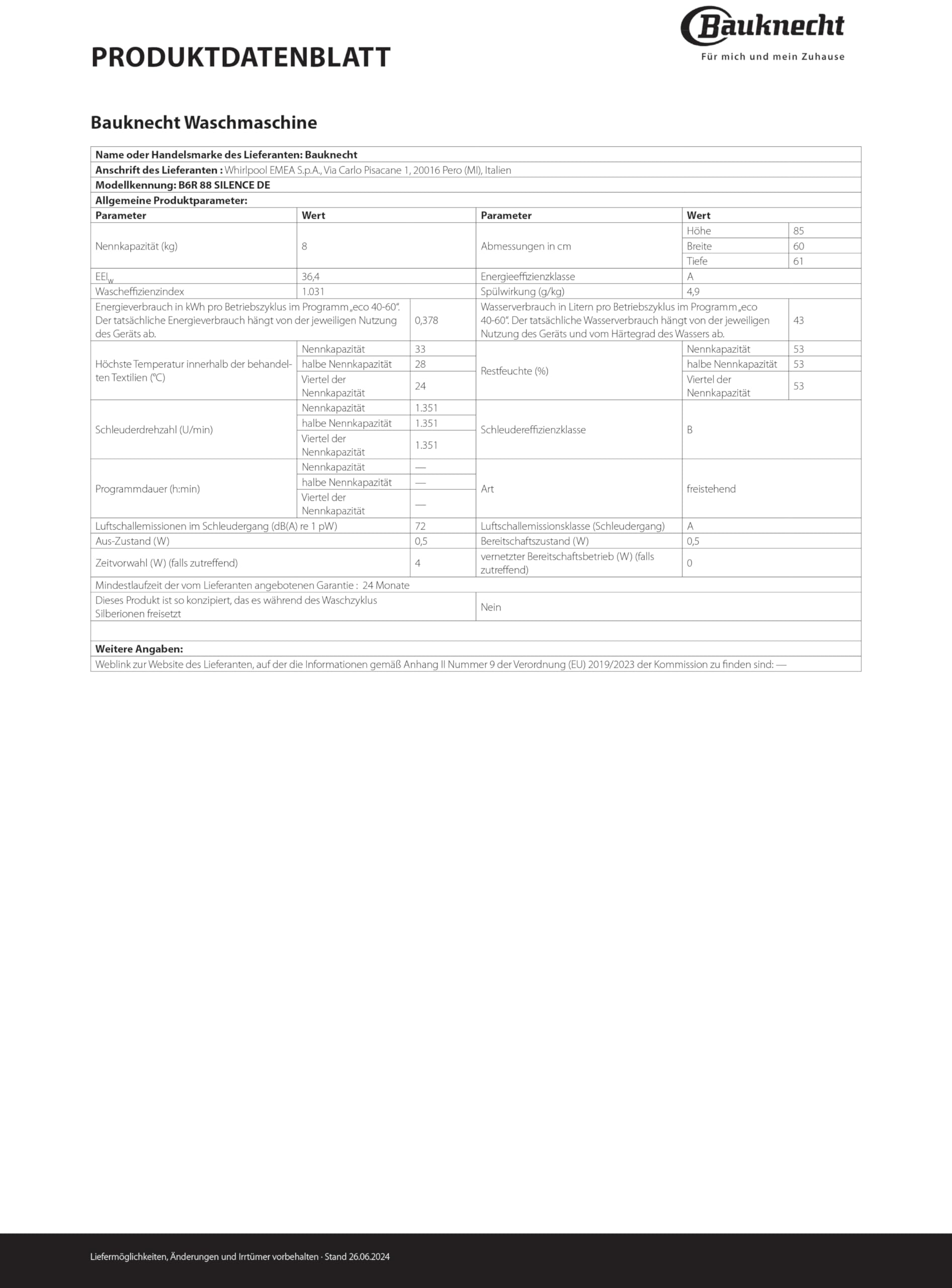 Bauknecht Waschmaschine 8kg 1400 U/min B6R 88 SILENCE DE Weiß EEK A-20% Dampftechnologie ZEN-Motor
