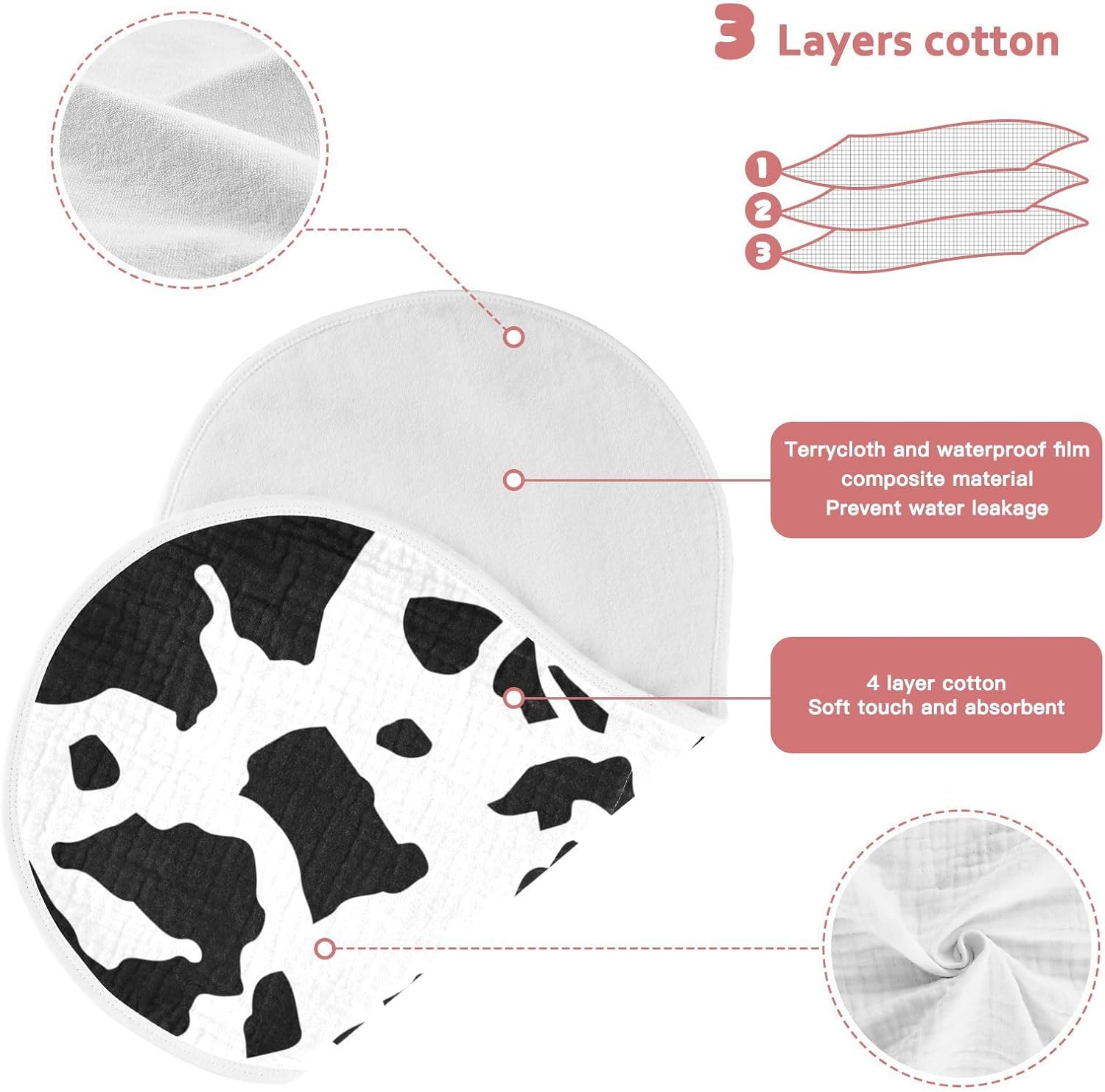 Muslin Burp Cloths for Baby Boys and Girls - 4-Pack Ultra Absorbent Cow Print Muslin Washcloths, Newborn Towel, Milk Spit Up Rags, Burp Cloth Bib for Unisex, 22 x 11 Inch