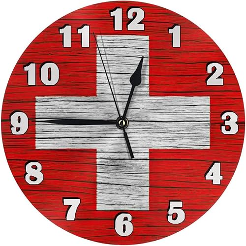 Suiza - Reloj de pared con textura de madera y bandera suiza, sin tictac, silencioso, de cuarzo, funciona con pilas, reloj redondo de 10 pulgadas,