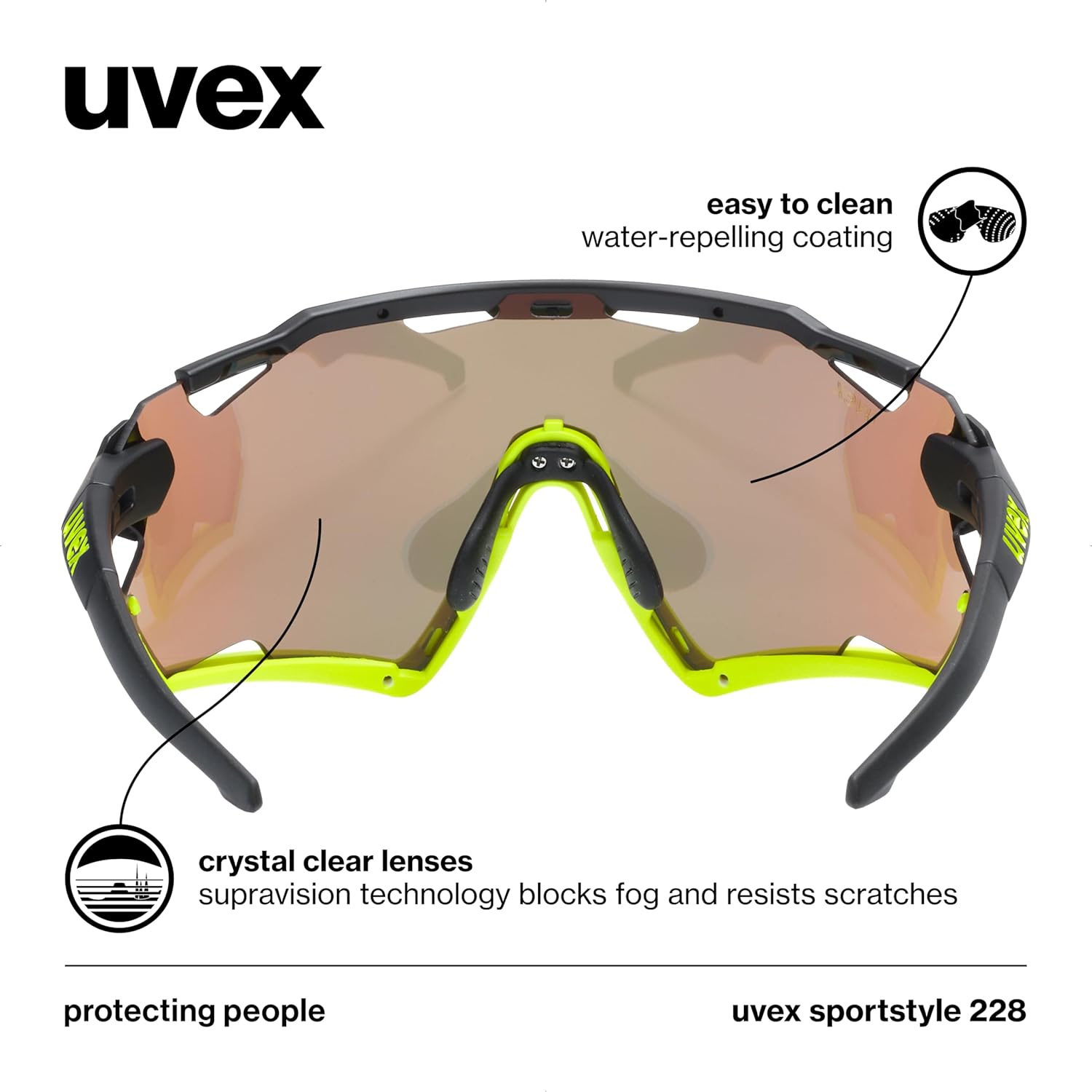 uvex Sportstyle 228 - Sports Sunglasses for Men and Women - Anti-Fog Technology - Removable Frame - Black Yellow Matt/Yellow - One Size