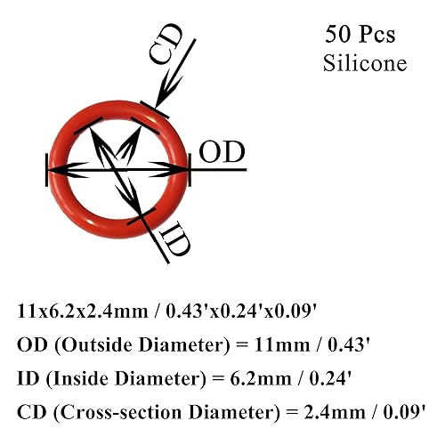 Miniatura 2 de 50 piezas Juntas tóricas de silicona rojas de 0.433 in de diámetro exterior 0.244 in de diámetro interior, 0.094 in de ancho, junta métrica de