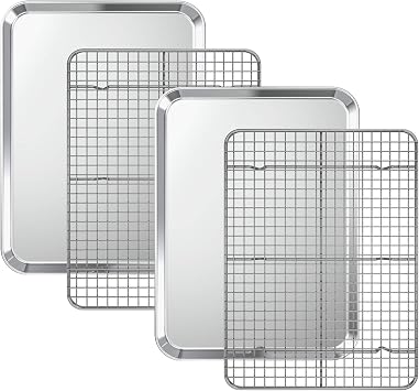 Baking Sheet with Cooling Rack Set [2 Sheets + 2 Racks], Deedro Stainless Steel Cookie Half Sheets Baking Pan Oven Tray with Rack, 16 x 12 x 1 Inch, Heavy Duty, Non-toxic, Dishwasher Safe
