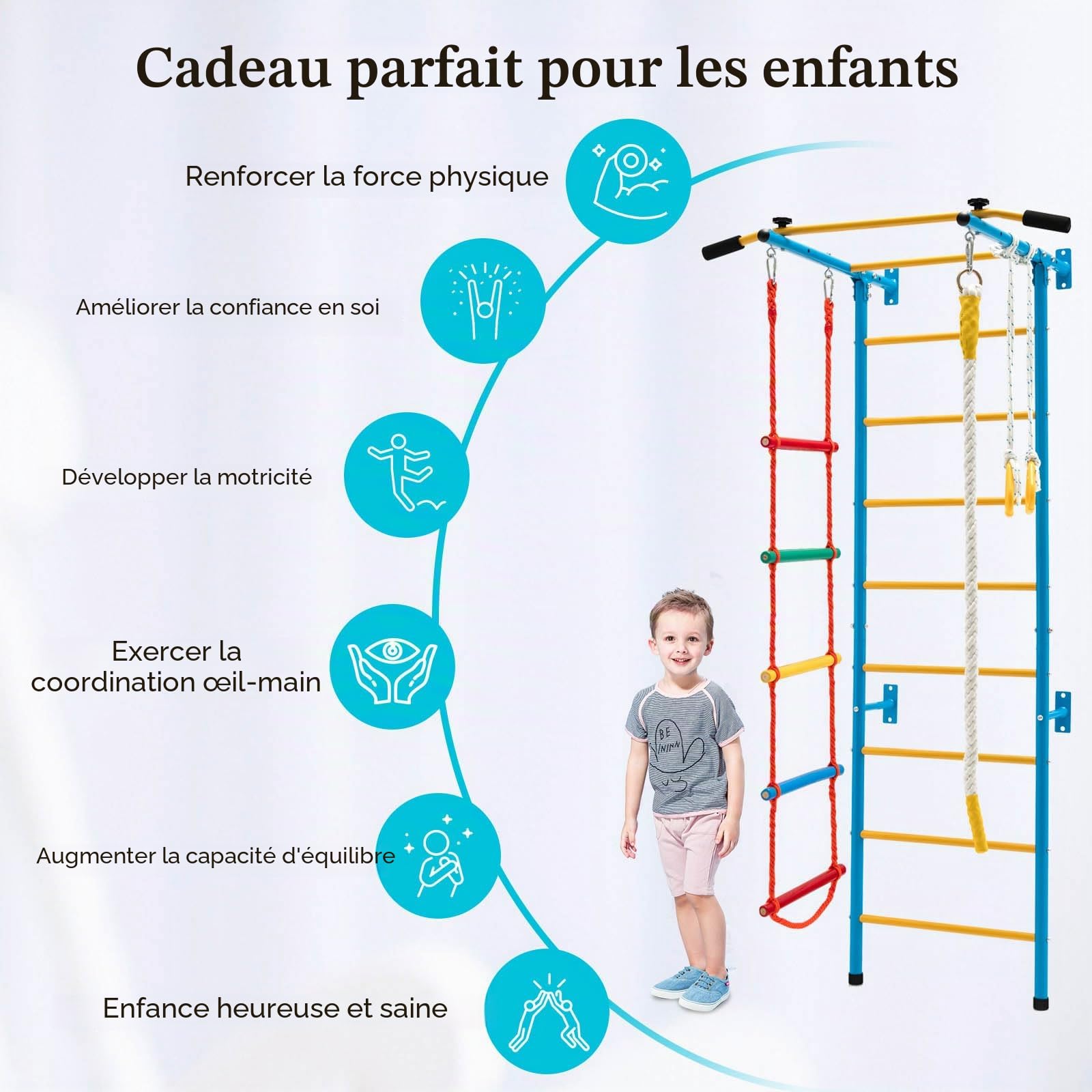 LIFEZEAL 5 En 1 – Espalier Enfant Avec Barre Fixe, Mur D'escalade, Anneaux, Corde, échelle – 100 Kg – Bleu 107x83x223 Cm