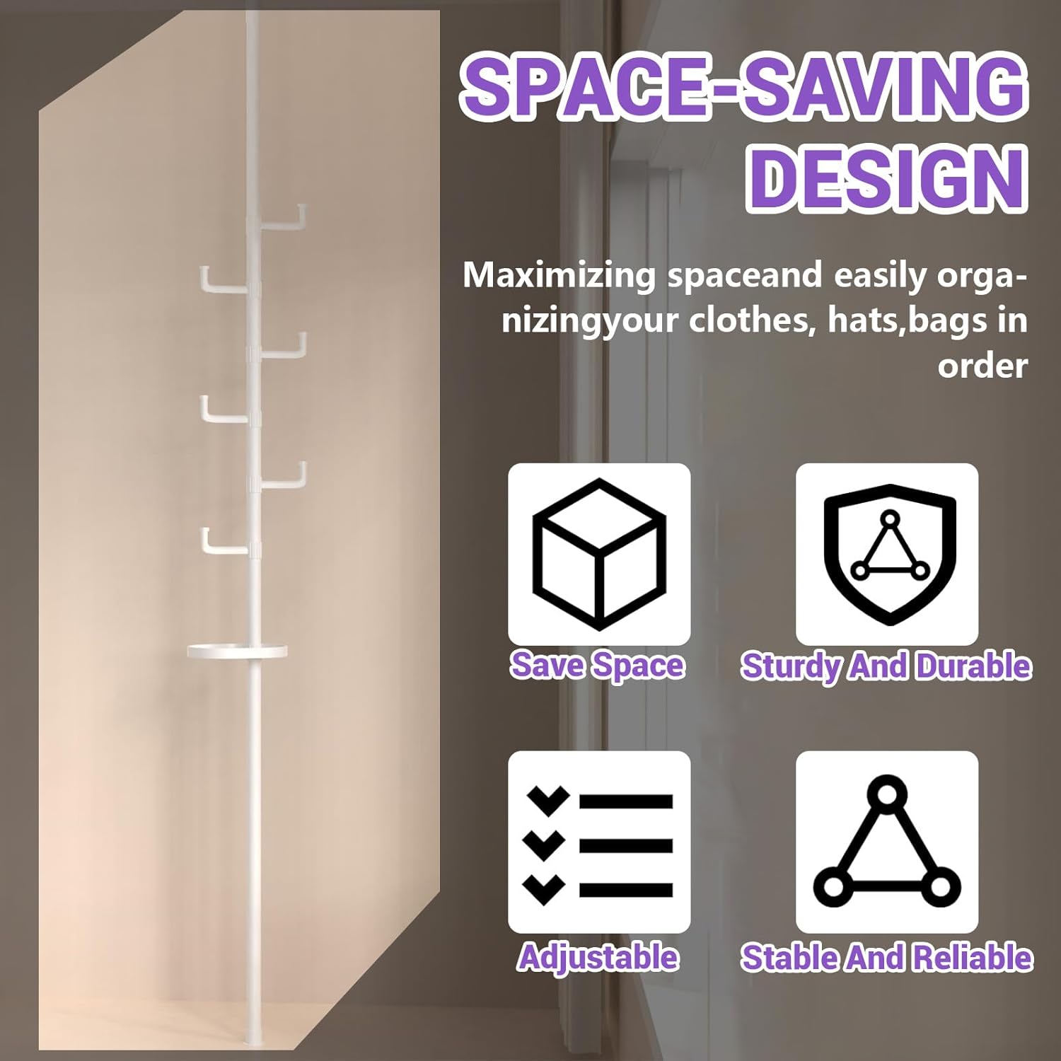 Adjustable Laundry Pole 6-Tier Standing Clothes Drying Rack Coat Hanger DIY Floor to Ceiling Tension Rod Storage Organizer for Indoor, Balcony,Living Room, Bed Room(White)