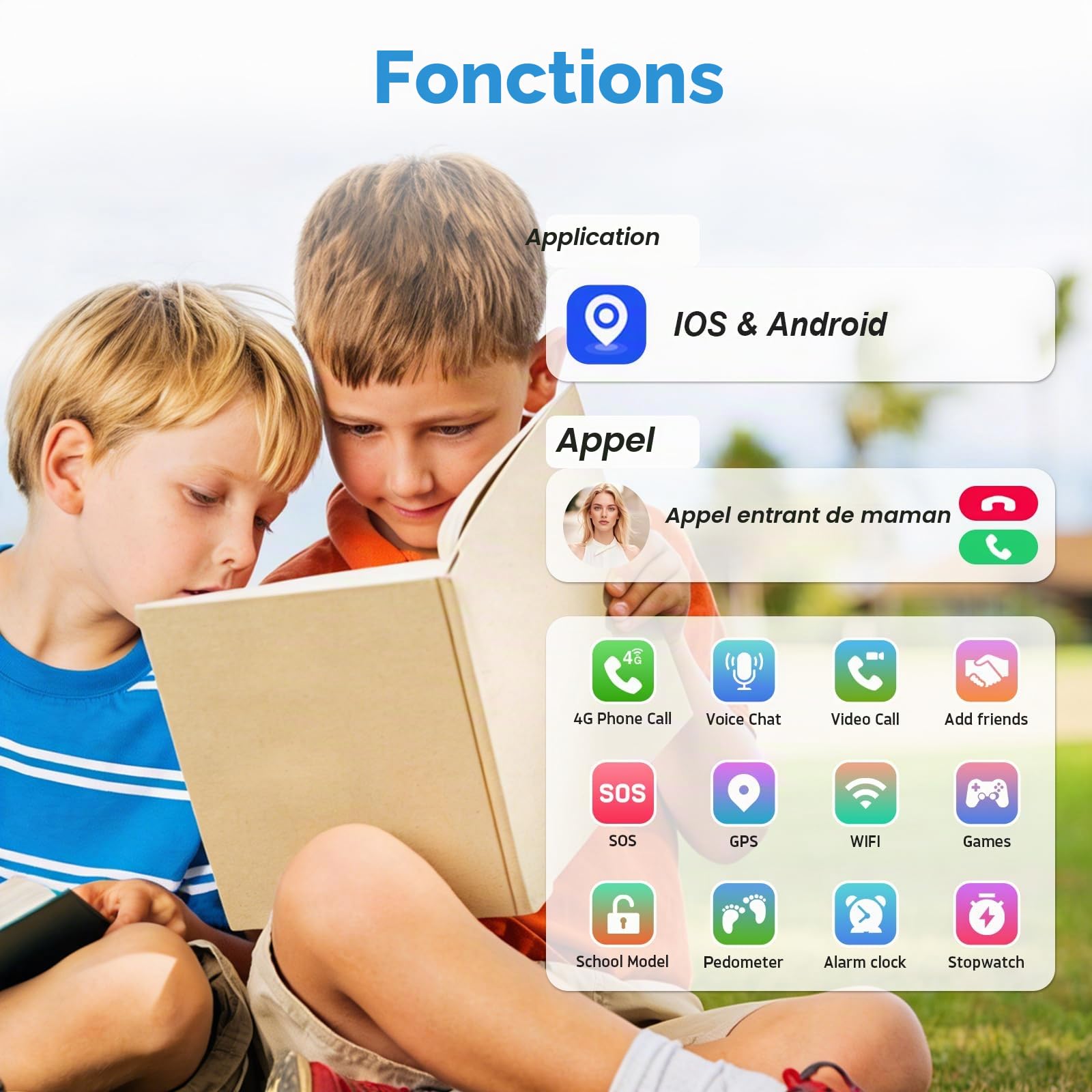 Montre Connectée Enfant, Smartwatch GPS/Téléphone/Appels Vidéo/Chat Vocal | SOS/Mode École/Réveil/Appareil Photo/Podomètre, Montre Intelligente Pour Enfant Cadeau pour Garçons et Filles, Noir