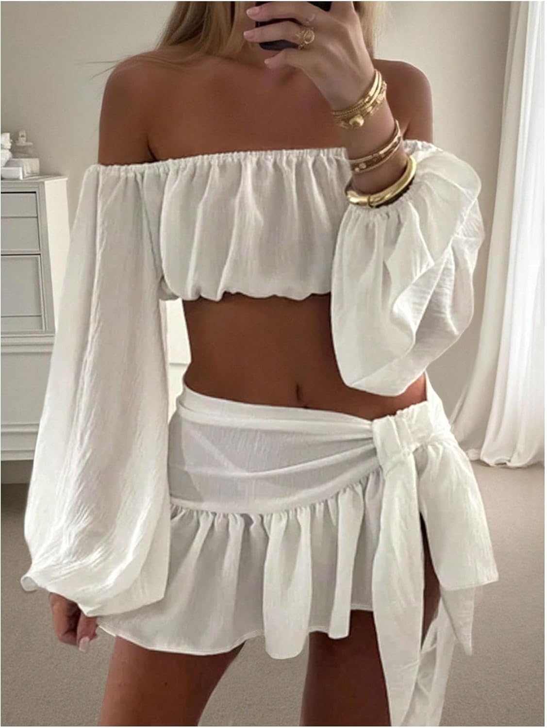 MakeMeChic Women's 2 Piece Fall Outfits Off The Shoulder Long Sleeve Crop Tops and Mini Skirt Clothing Set - Image 2