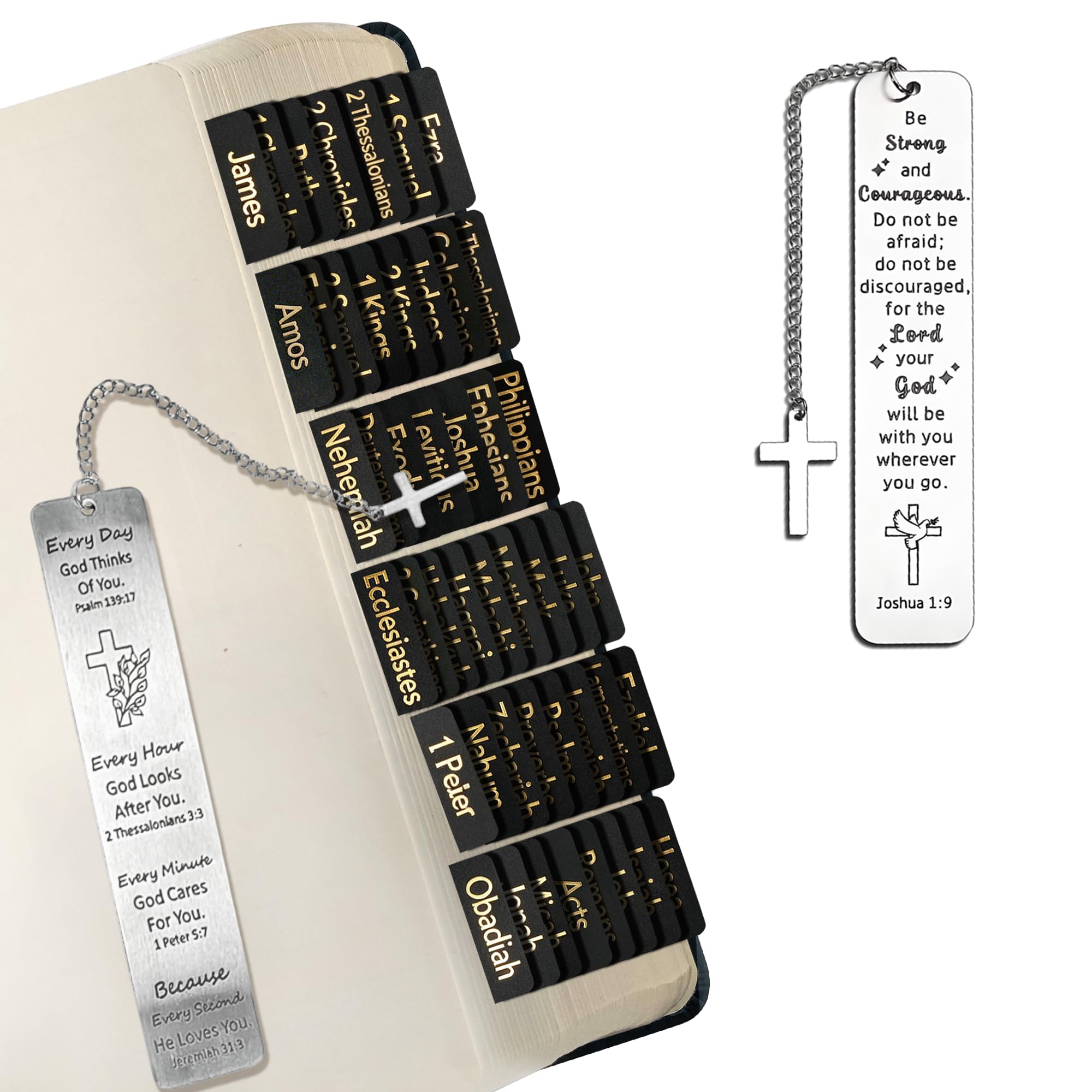 75Pcs Laminated Bible Tabs Set with 2 Metal Cross Bookmarks, Gold Foil Large Print Tabs for Study, Index Tabs Book Tabs for Journaling, Bible Study Supplies, Accessories for Women and Men