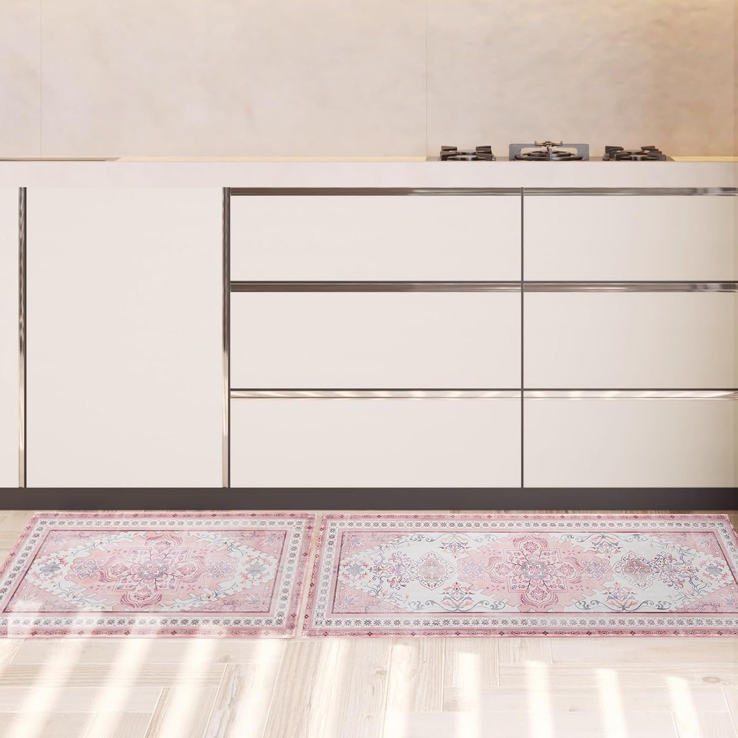 Pink Boho Kitchen Mats for Floor Set of 2, Floor Mat Carpet Runner Area Rug Washable, Pink Home Kitchen Decor and Accessories Stuff, 17x30 and 17x47 Inch