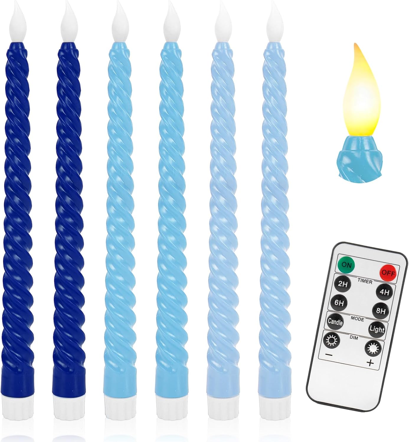Whaline 6Pcs Blue LED Flameless Taper Candles with Remote Battery Operated Spiral Candles Electric Candle Boxed for Home Party Table Centerpiece Decor