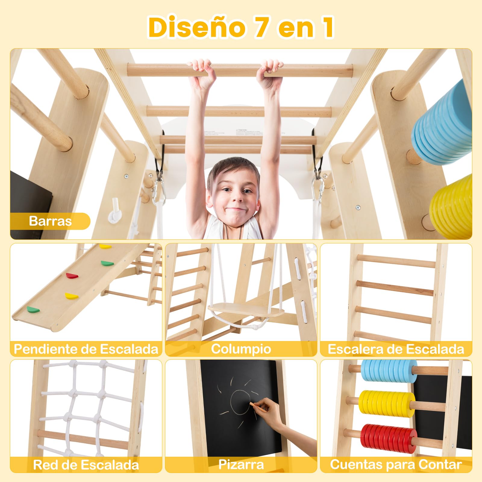 RELAX4LIFE Juego de Escalada Multifuncional 6 en 1, Parque Infantil de Madera con Tobogán, Tienda de Juego para Interior y Exterior para Niños 1-5 Años, Carga 60kg (Modelo 3 Natural)